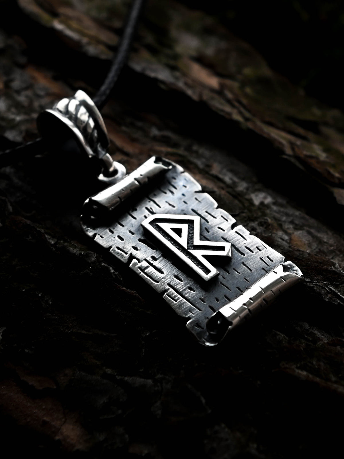 Raidho Rune Amulet on a Scroll, Sterling Silver 925 — Viking & Norse Symbol Pendant