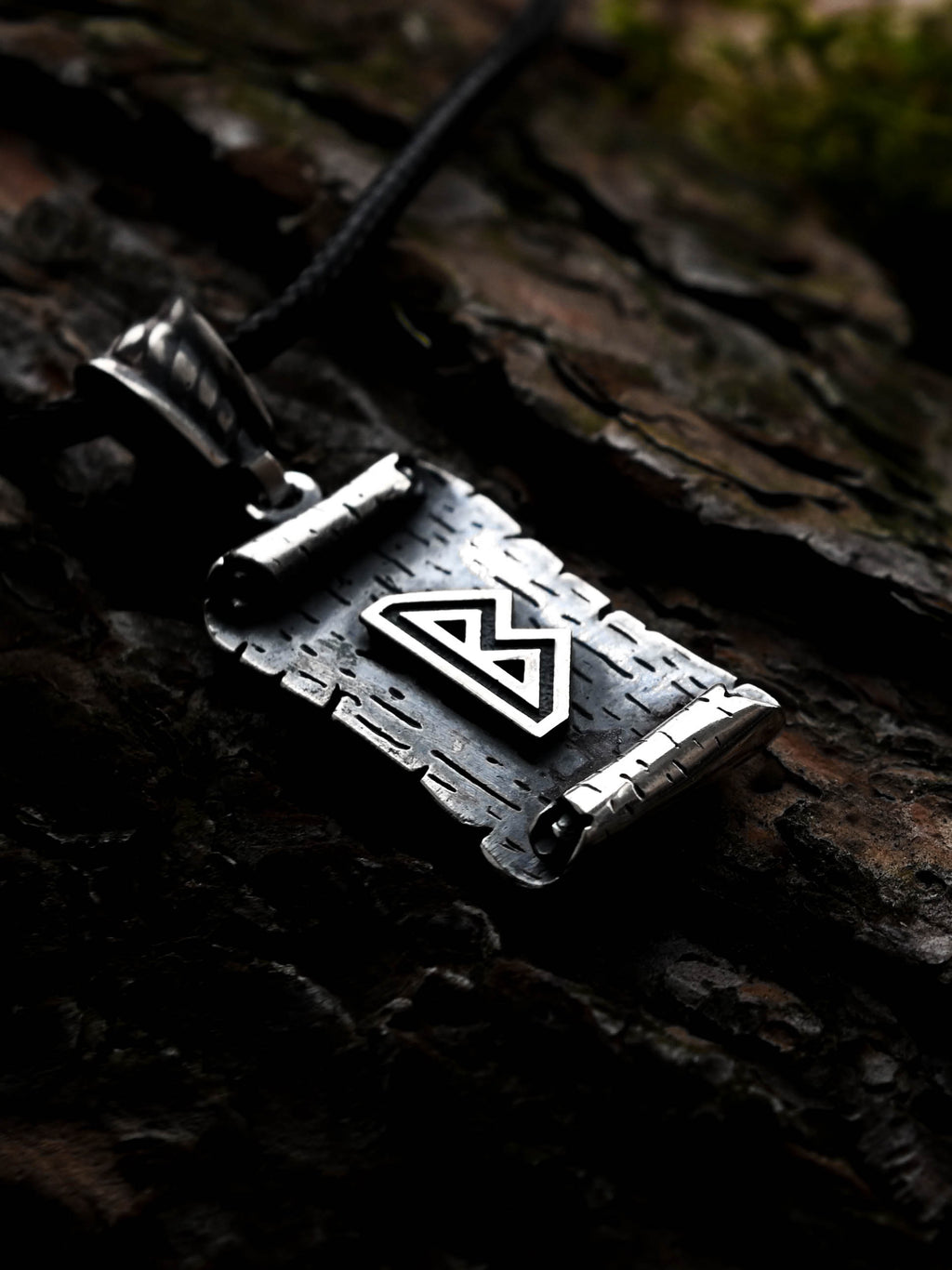 Berkano Rune Amulet on a Scroll, Sterling Silver 925 — Viking & Norse Symbol Pendant