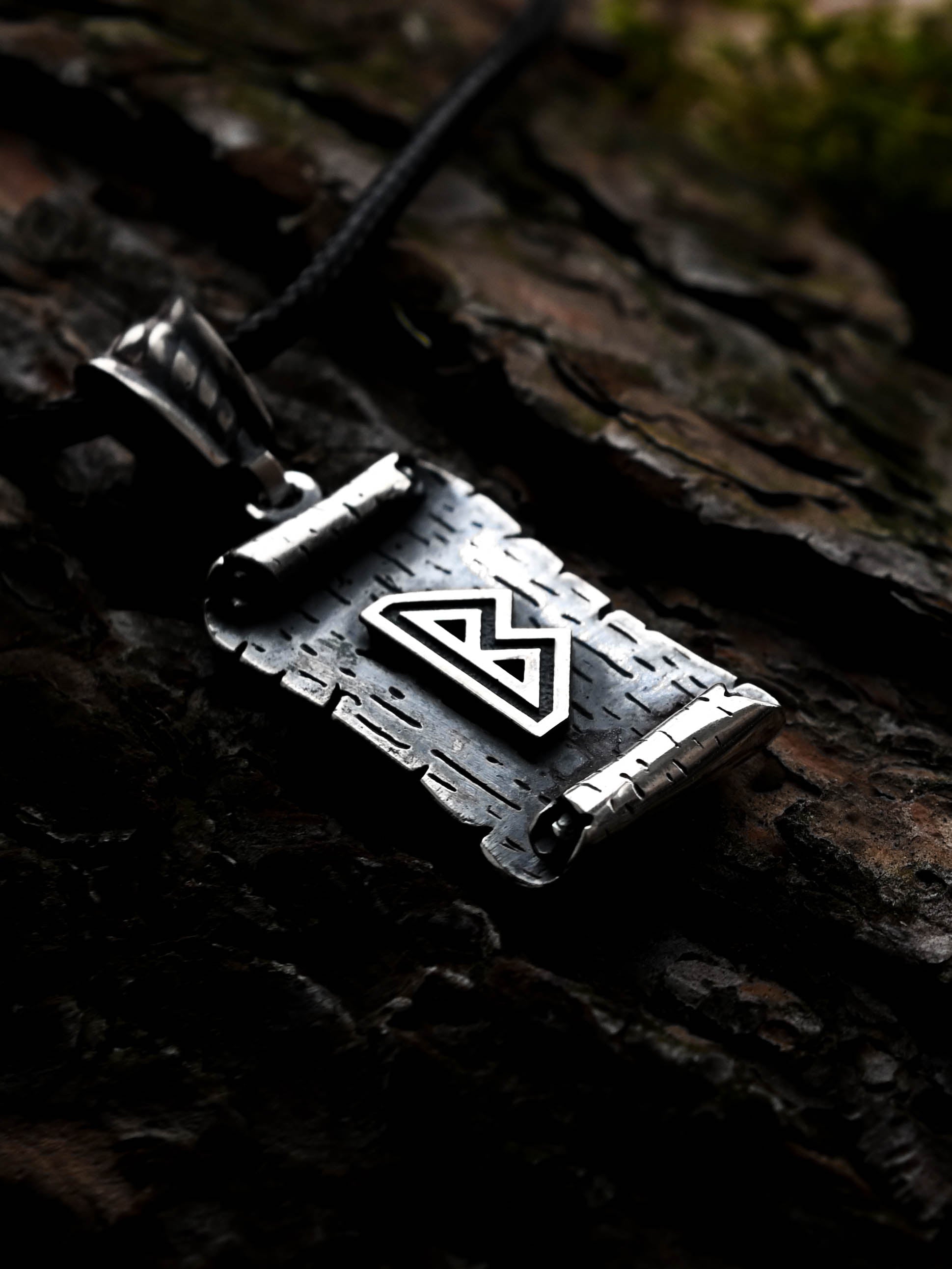 Berkano Rune Amulet on a Scroll, Sterling Silver 925 — Viking & Norse Symbol Pendant