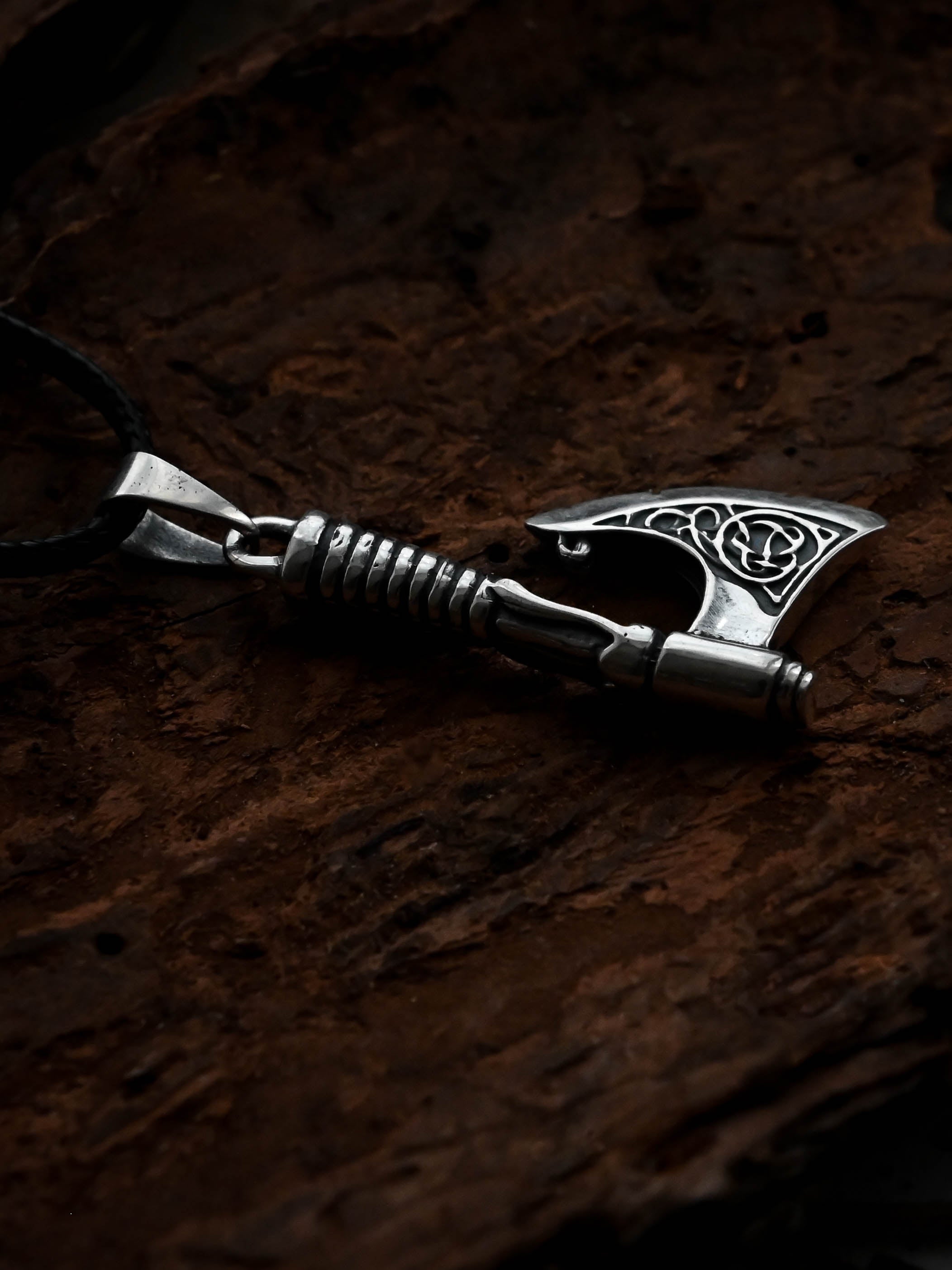 Scandinavian Axe with Knotwork, Sterling Silver 925 — Viking Symbol Pendant