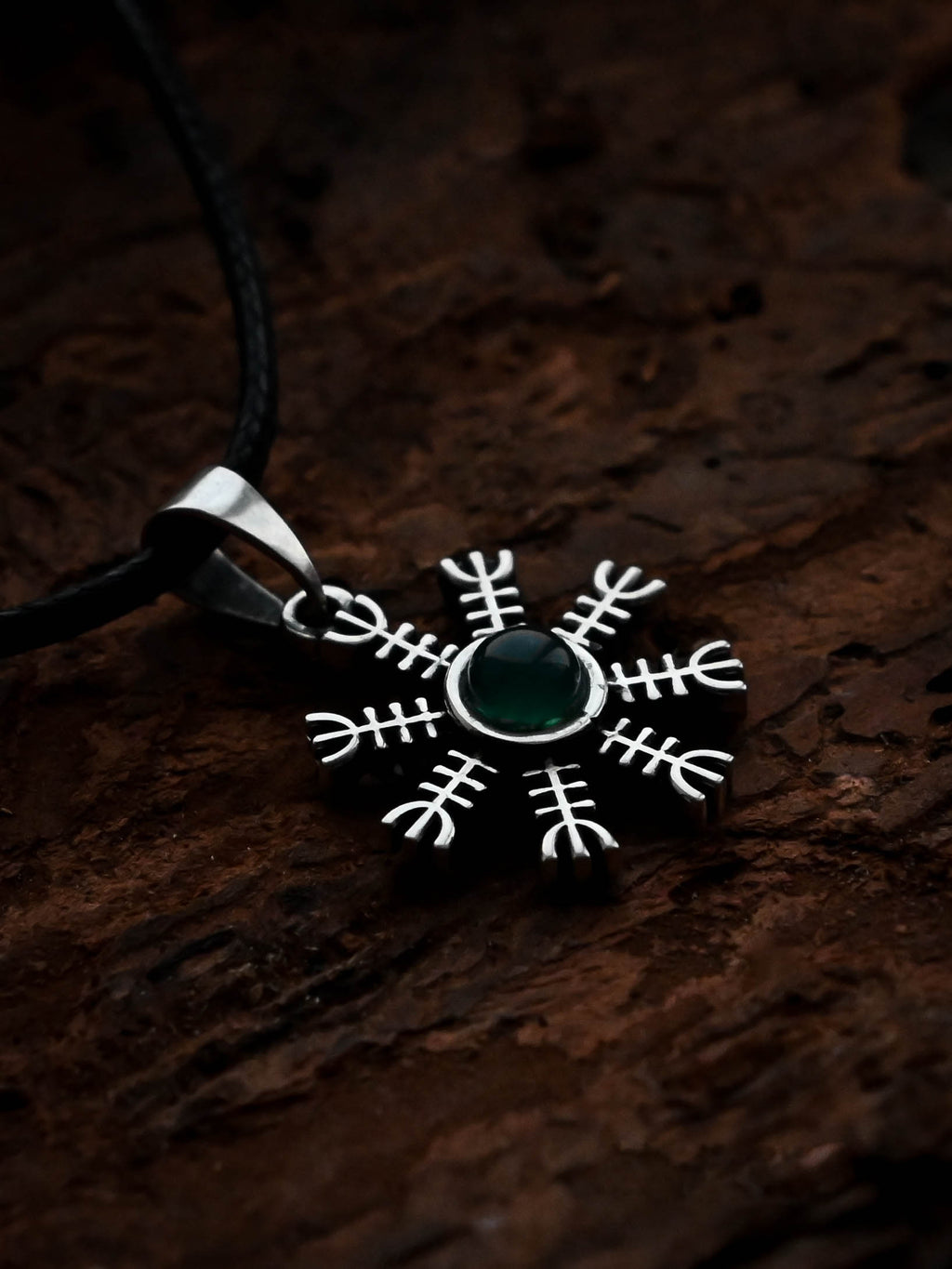 Helm of Awe (Aegishjalmur) Amulet with Chalcedony Stone, Sterling Silver 925 — Viking Symbol Pendant