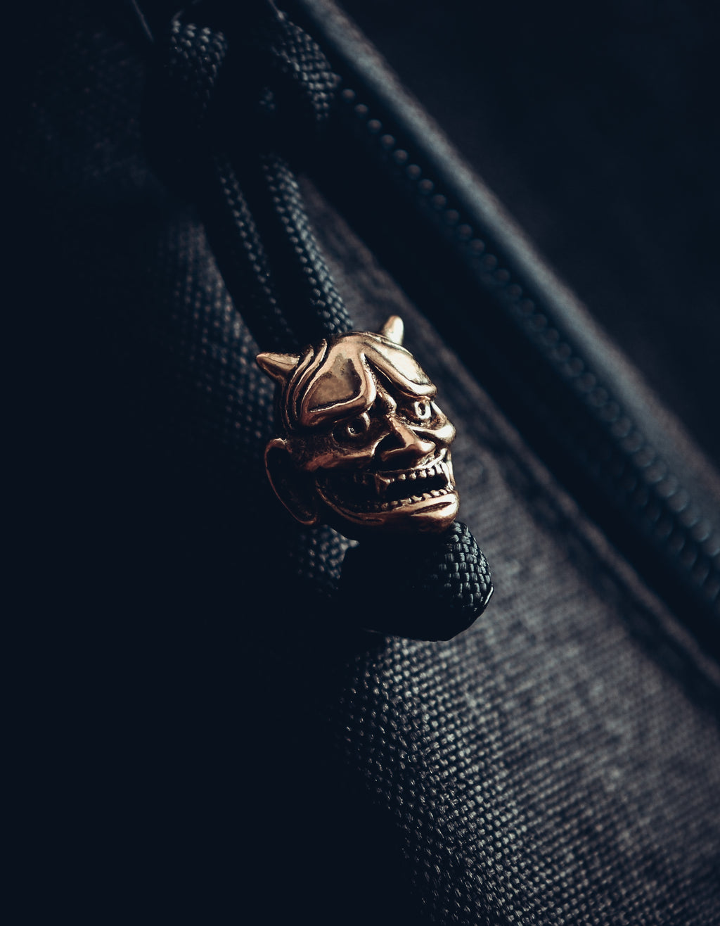 Japanese Hannya Mask Keychain, Bronze on Paracord Cord
