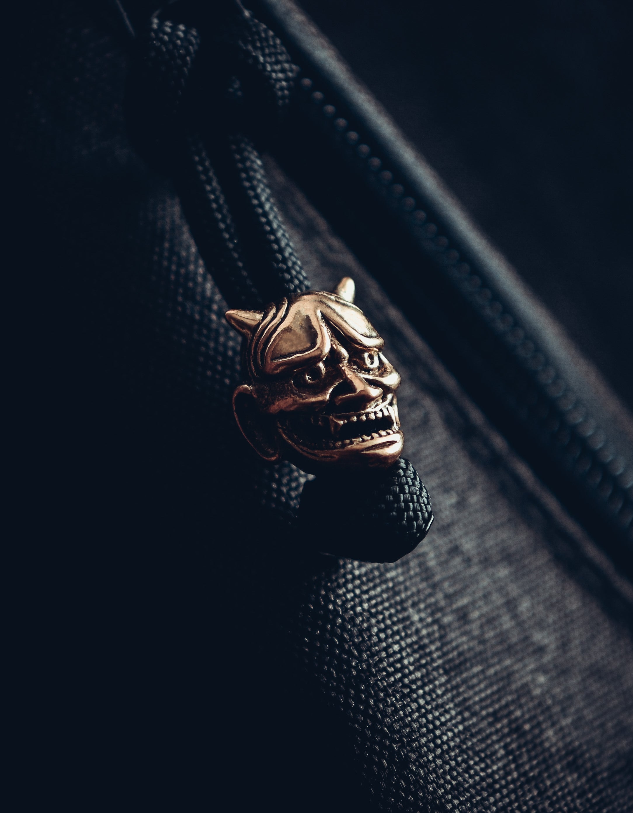 Japanese Hannya Mask Keychain, Bronze on Paracord Cord