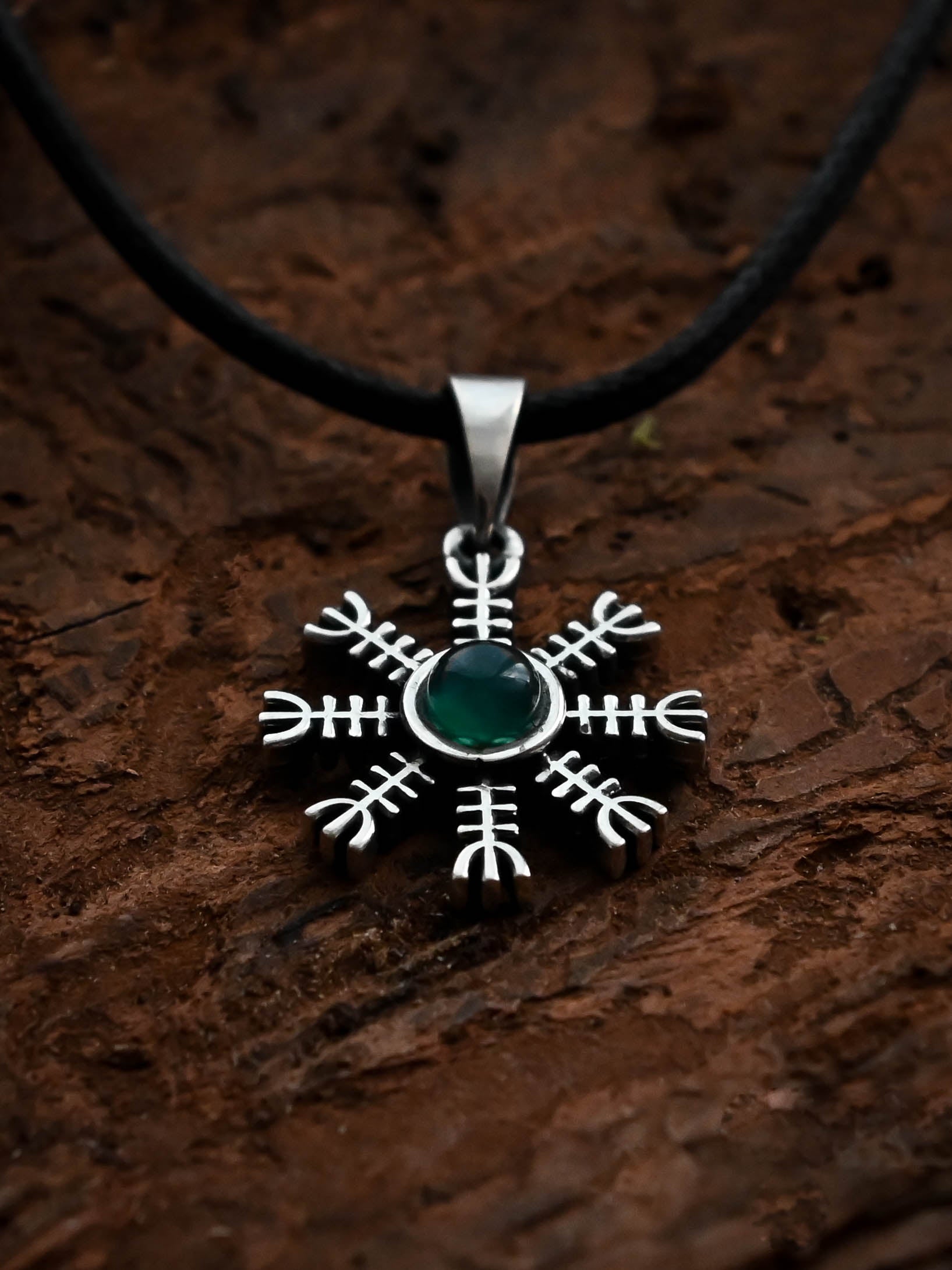 Helm of Awe (Aegishjalmur) Amulet with Chalcedony Stone, Sterling Silver 925 — Viking Symbol Pendant