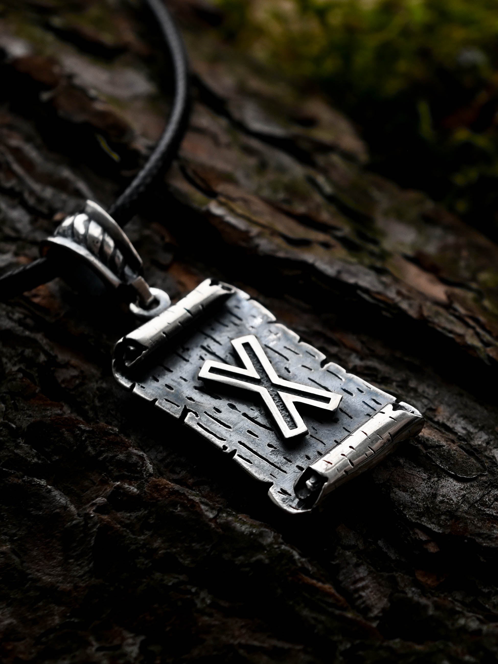 Gebo Rune Amulet on a Scroll, Sterling Silver 925 — Viking & Norse Symbol Pendant