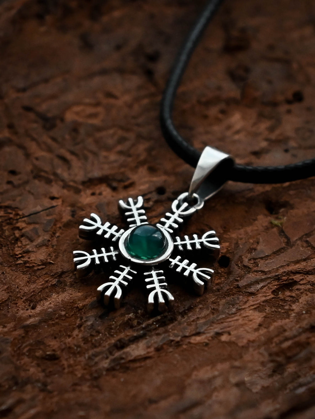 Helm of Awe (Aegishjalmur) Amulet with Chalcedony Stone, Sterling Silver 925 — Viking Symbol Pendant