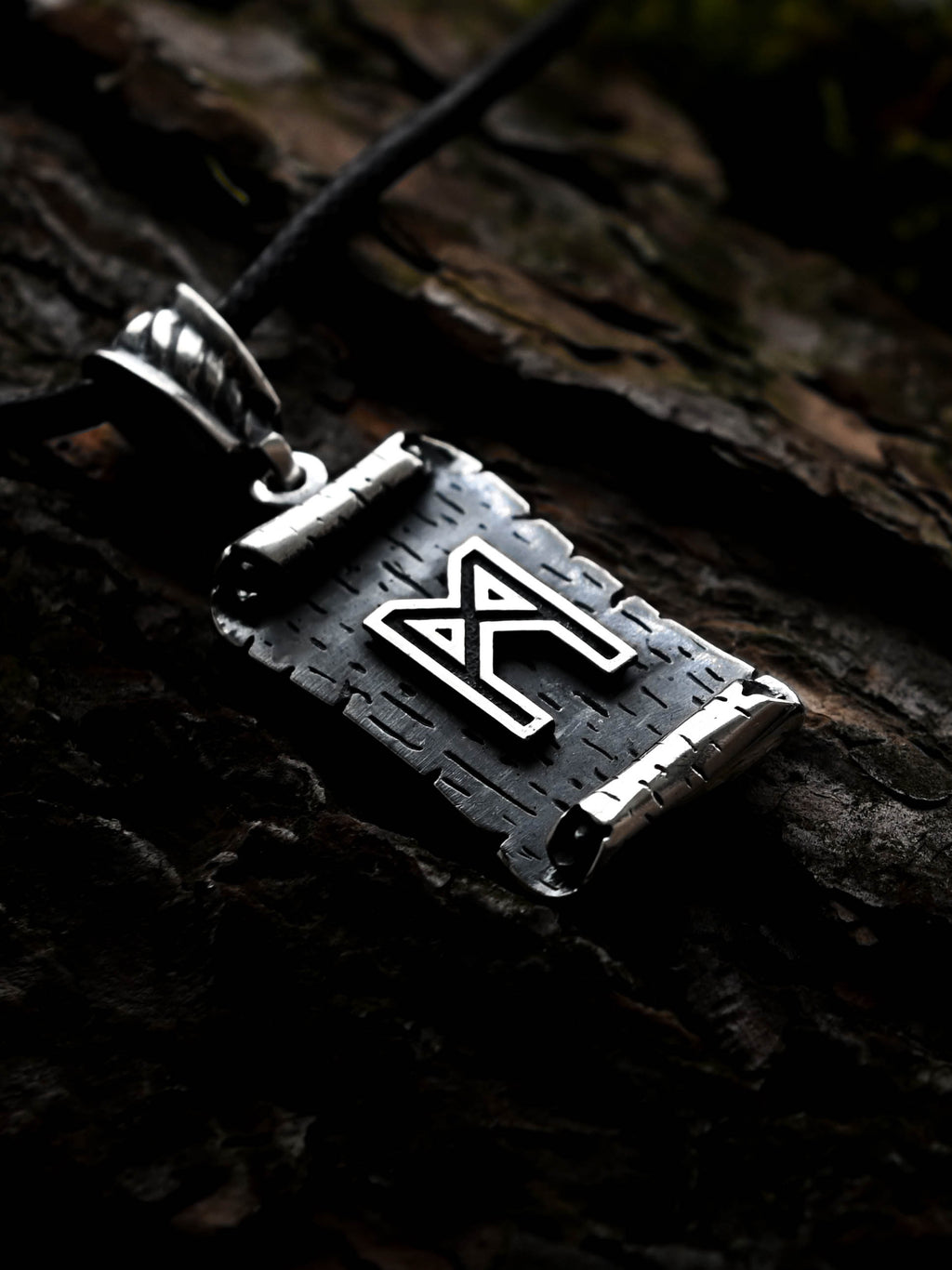 Mannaz Rune Amulet on a Scroll, Sterling Silver 925 — Viking & Norse Symbol Pendant