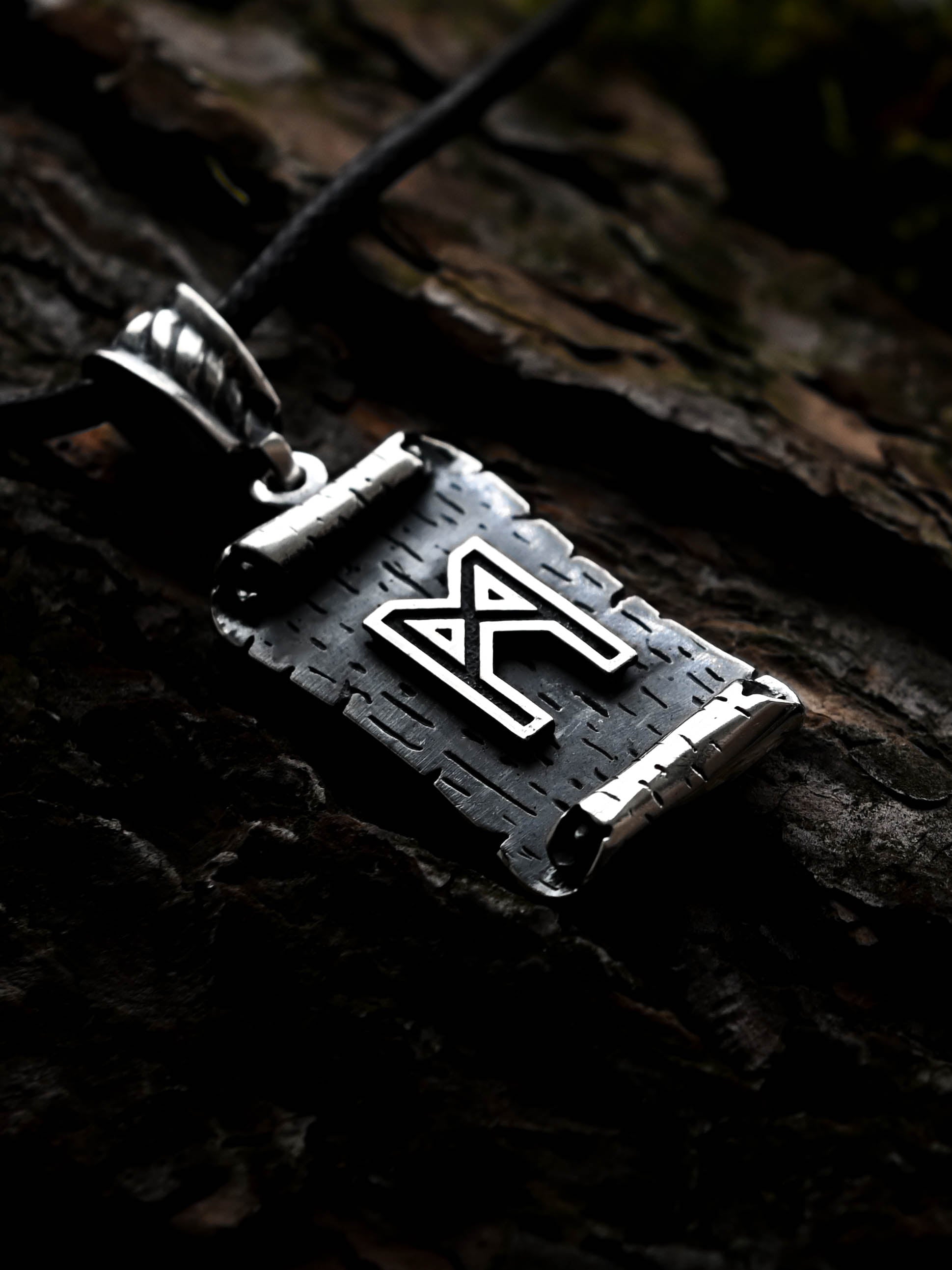 Mannaz Rune Amulet on a Scroll, Sterling Silver 925 — Viking & Norse Symbol Pendant
