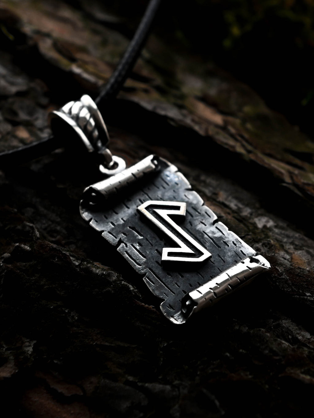 Eihwaz Rune Amulet on a Scroll, Sterling Silver 925 — Viking & Norse Symbol Pendant
