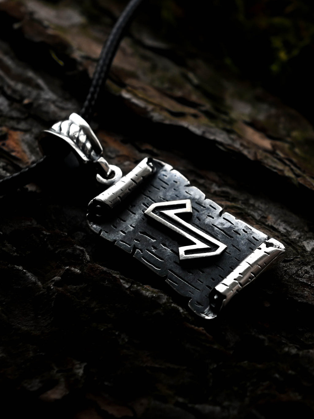 Eihwaz Rune Amulet on a Scroll, Sterling Silver 925 — Viking & Norse Symbol Pendant