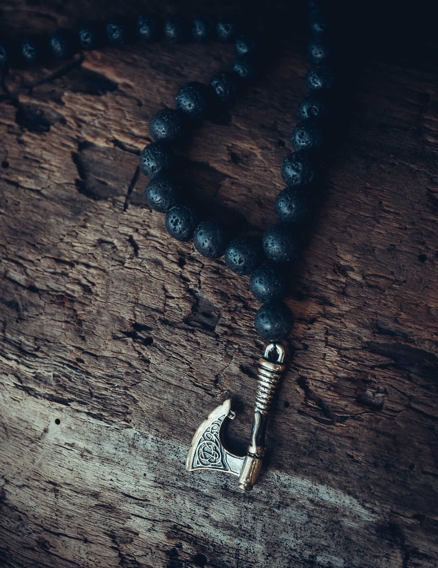 Viking Axe with Lava Stone Pendant, Bronze and Natural Stone — Viking Symbol