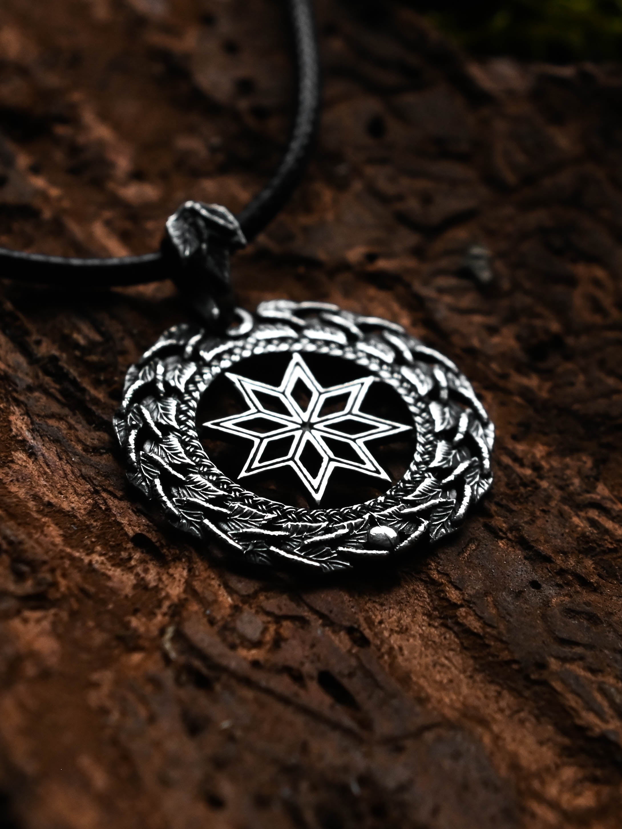 Alatyr Amulet in Birch Wreath, Sterling Silver 925 — Slavic, Viking & Norse Symbol Pendant