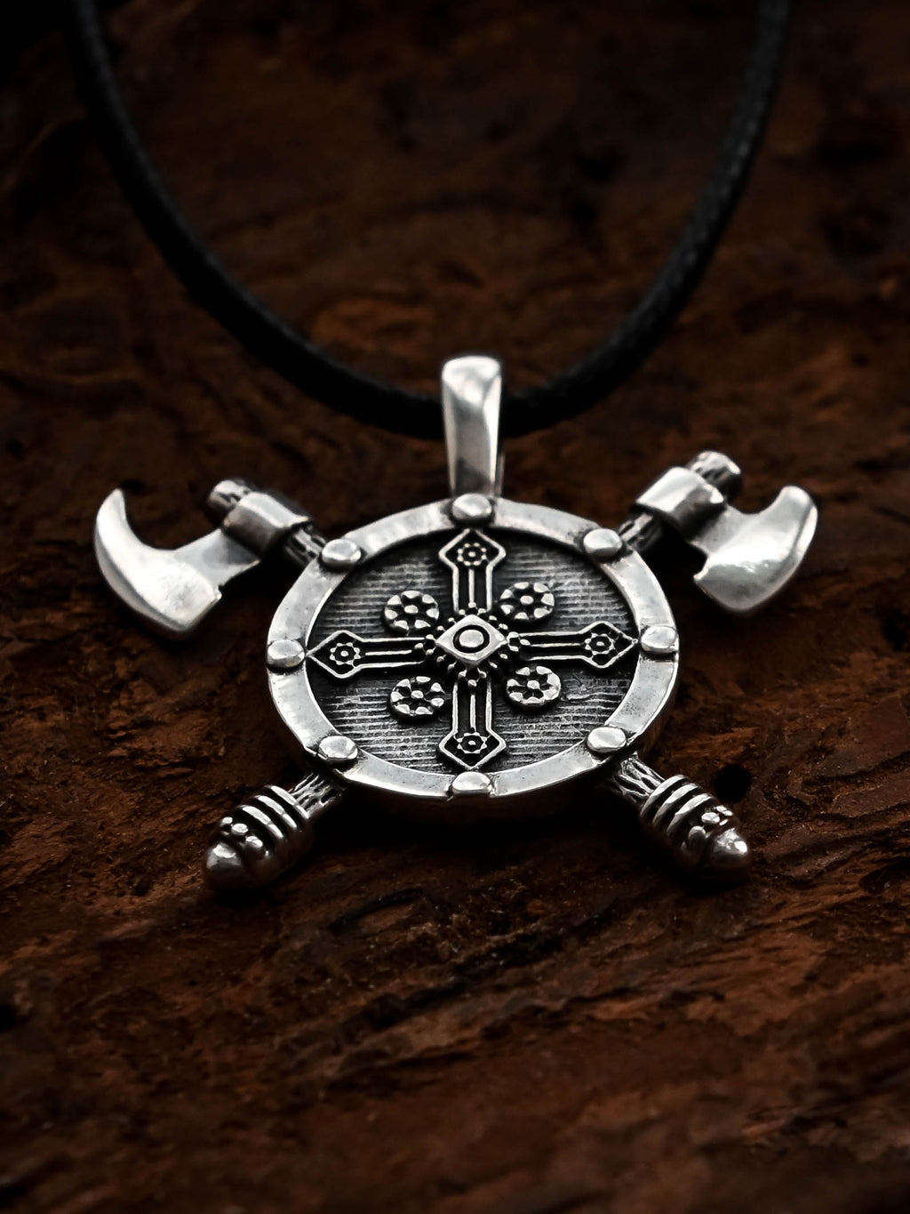 Shield with Axes Amulet, Sterling Silver 925 — Viking Symbol Pendant