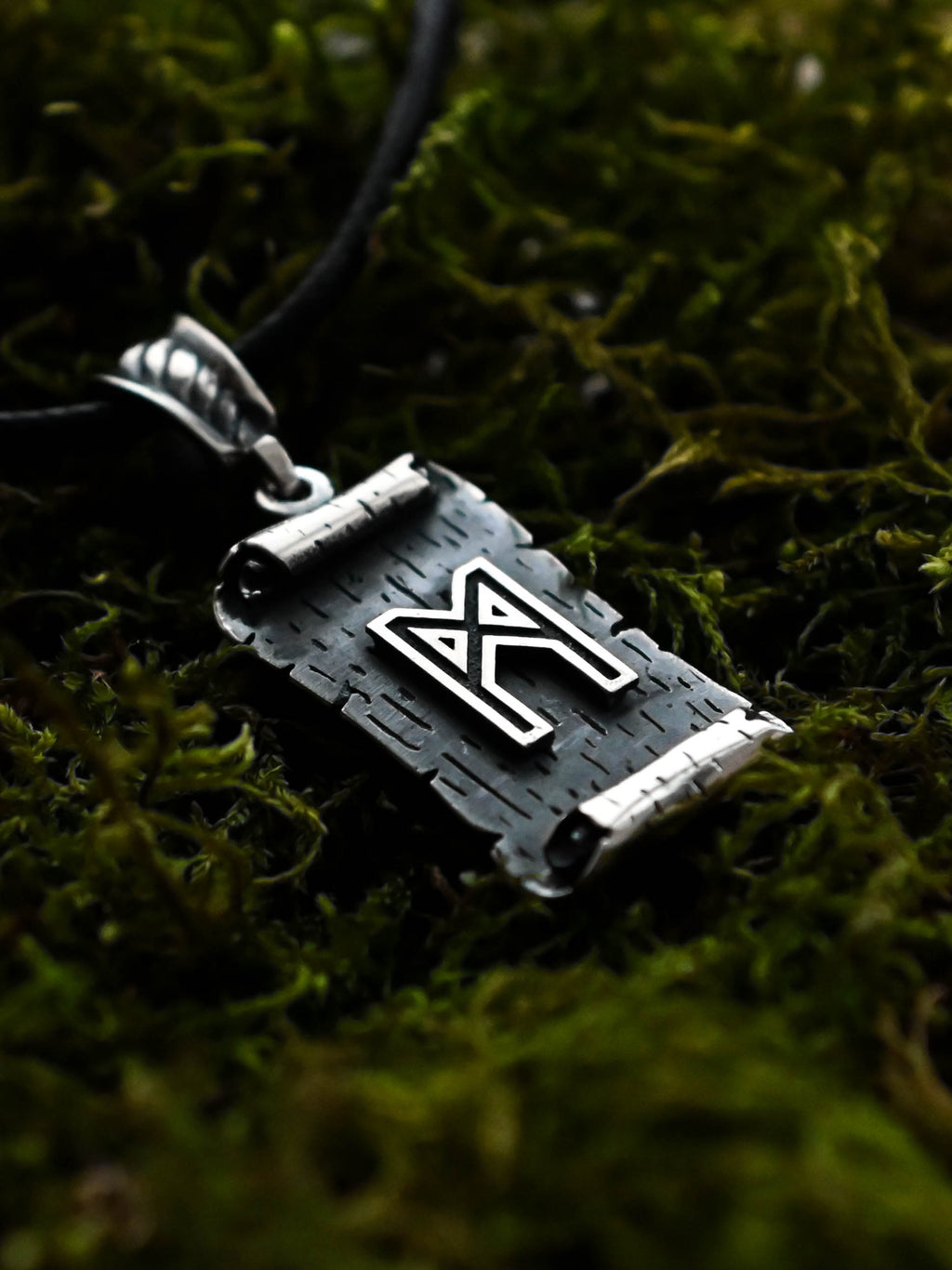 Mannaz Rune Amulet on a Scroll, Sterling Silver 925 — Viking & Norse Symbol Pendant