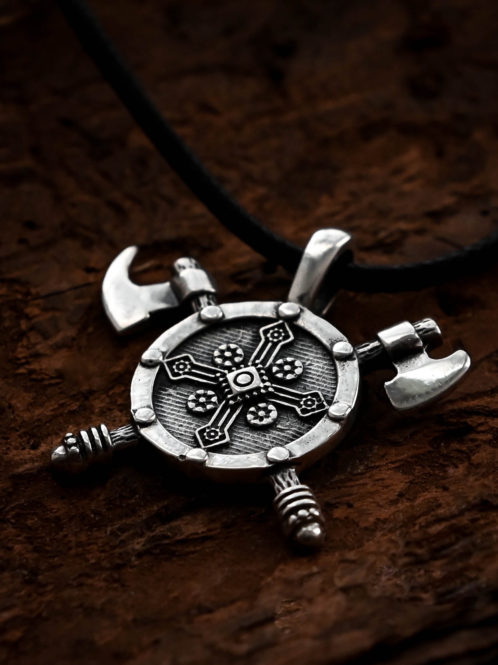 Shield with Axes Amulet, Sterling Silver 925 — Viking Symbol Pendant