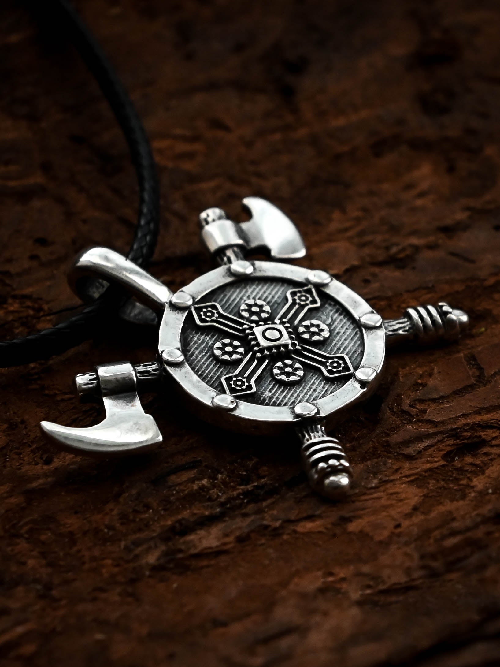 Shield with Axes Amulet, Sterling Silver 925 — Viking Symbol Pendant