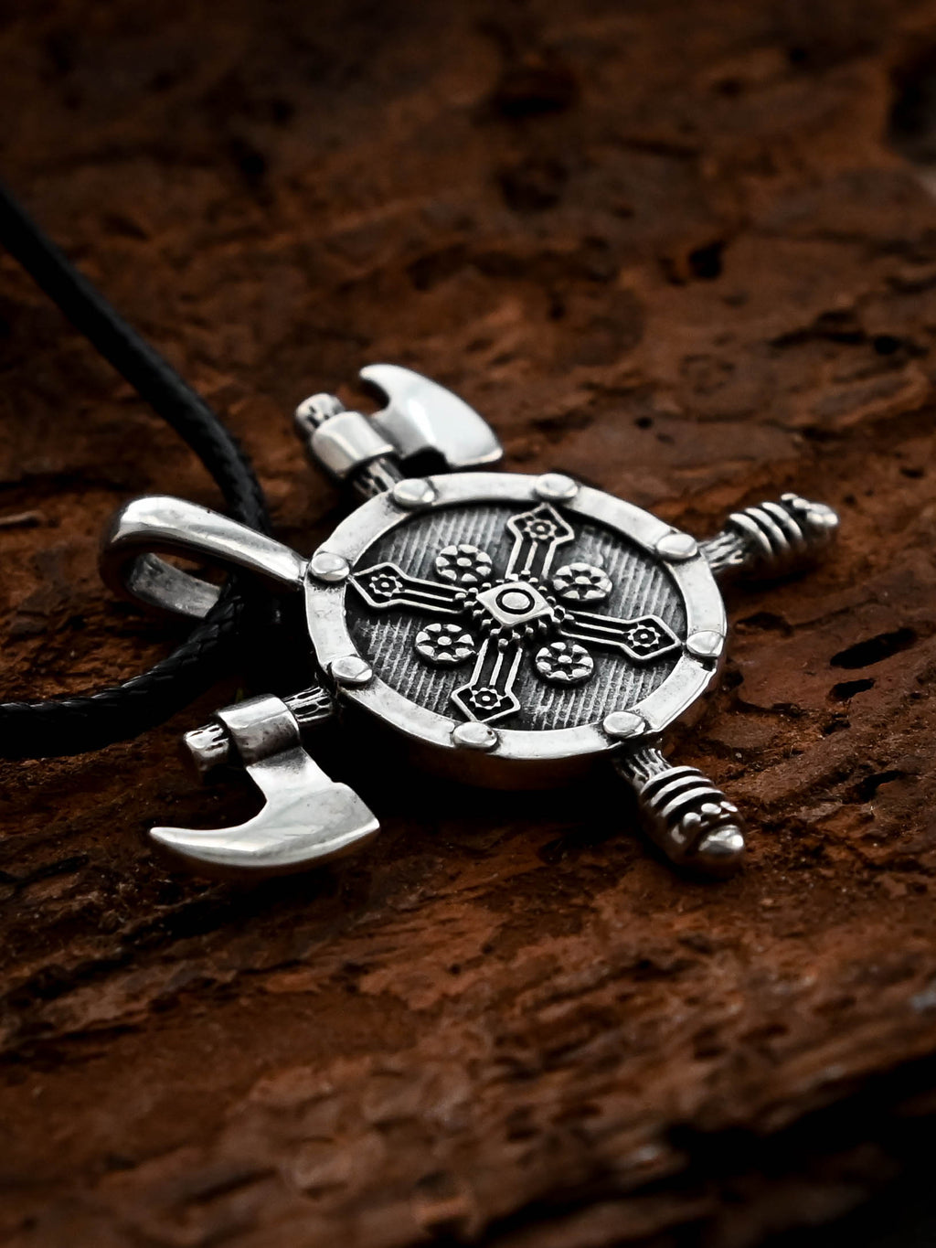 Shield with Axes Amulet, Sterling Silver 925 — Viking Symbol Pendant