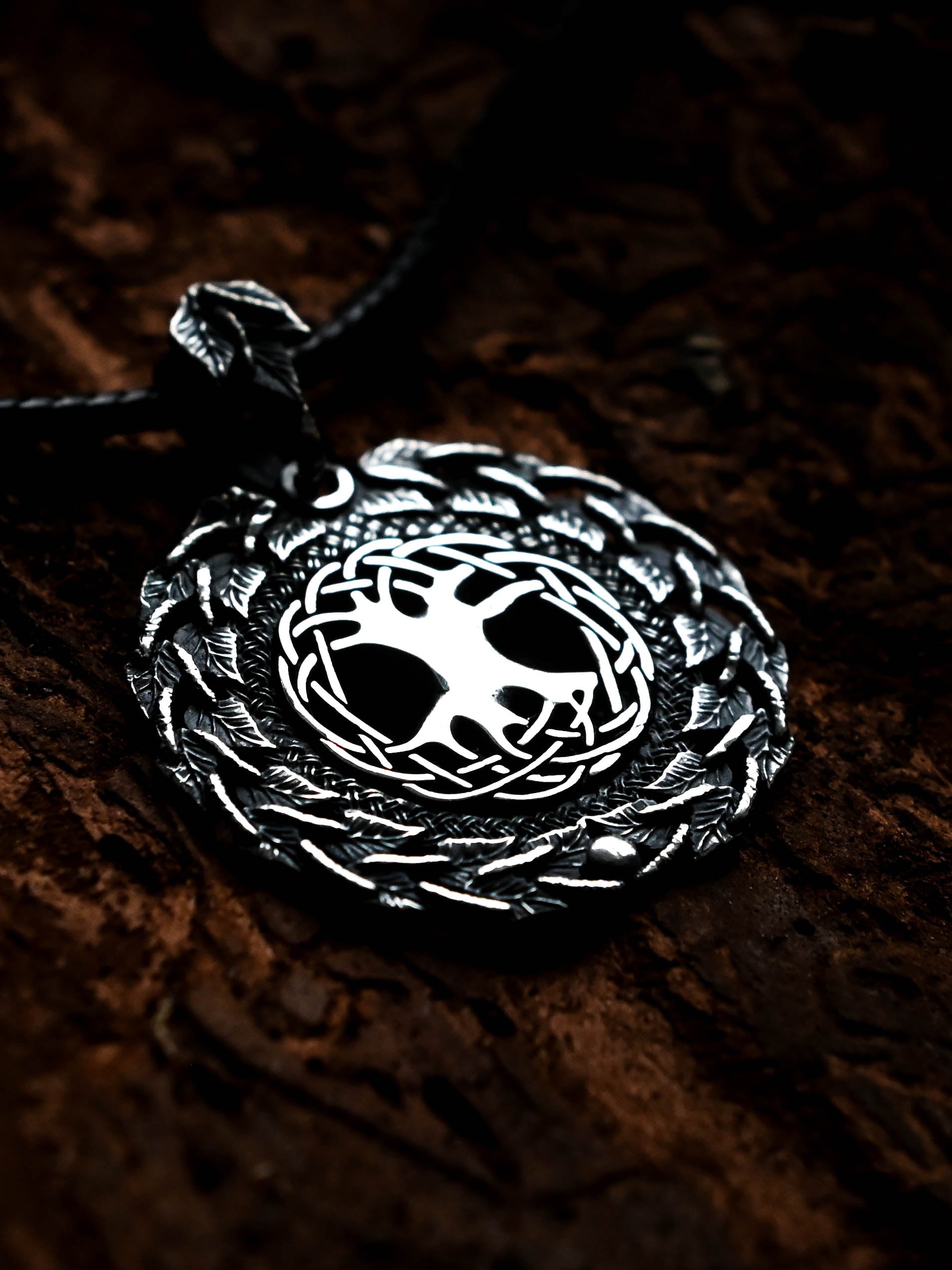 World Tree (Yggdrasil) Amulet in Birch Wreath, Sterling Silver 925 — Norse, Slavic & Viking Symbol Pendant