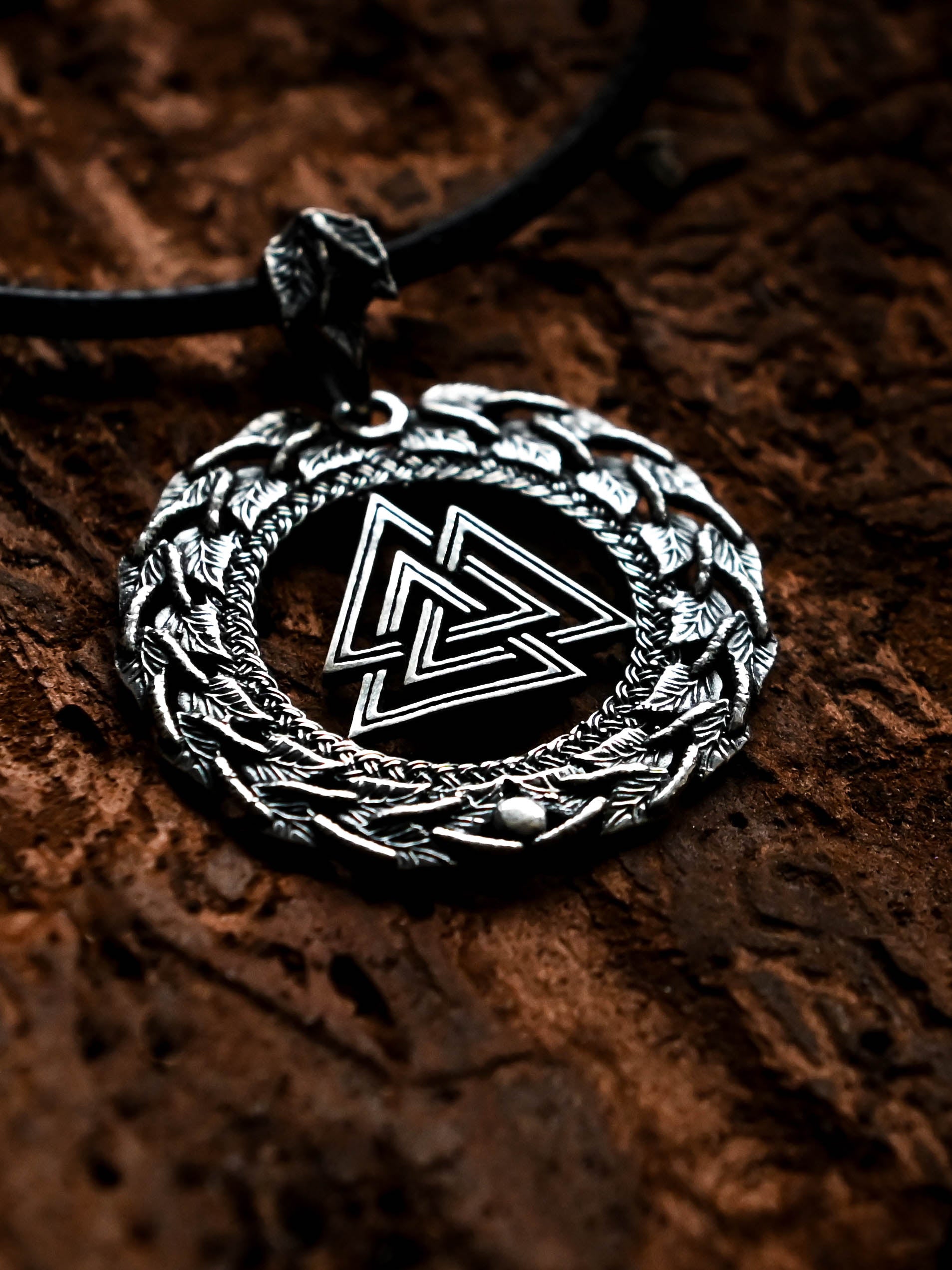 Valknut Amulet in Birch Wreath, Sterling Silver 925 — Viking, Norse & Slavic Symbol Pendant