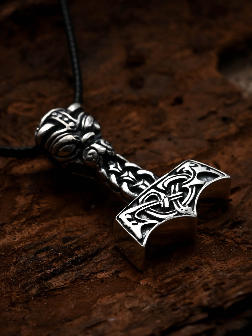 Thor's Hammer with the Face of Thor, Sterling Silver 925 — Viking Symbol Pendant