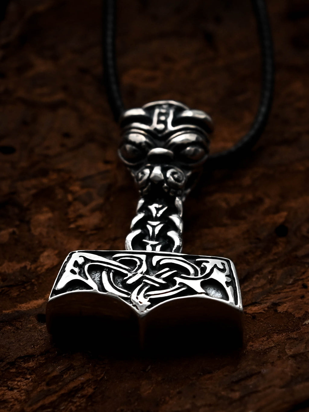 Thor's Hammer with the Face of Thor, Sterling Silver 925 — Viking Symbol Pendant