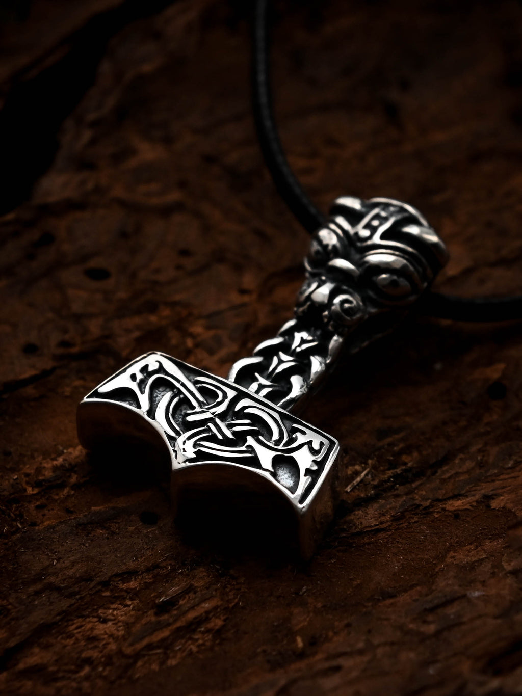 Thor's Hammer with the Face of Thor, Sterling Silver 925 — Viking Symbol Pendant