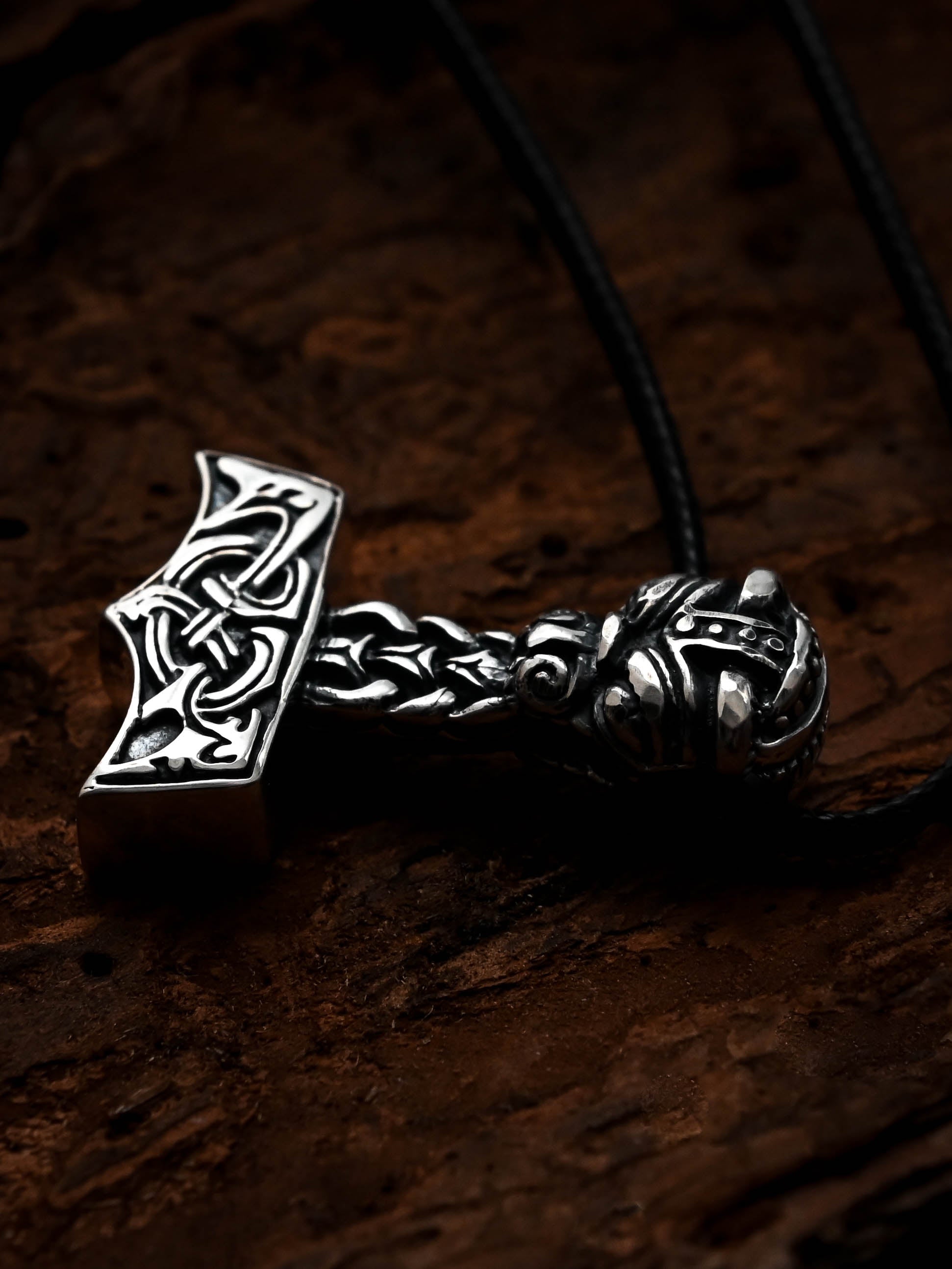 Thor's Hammer with the Face of Thor, Sterling Silver 925 — Viking Symbol Pendant