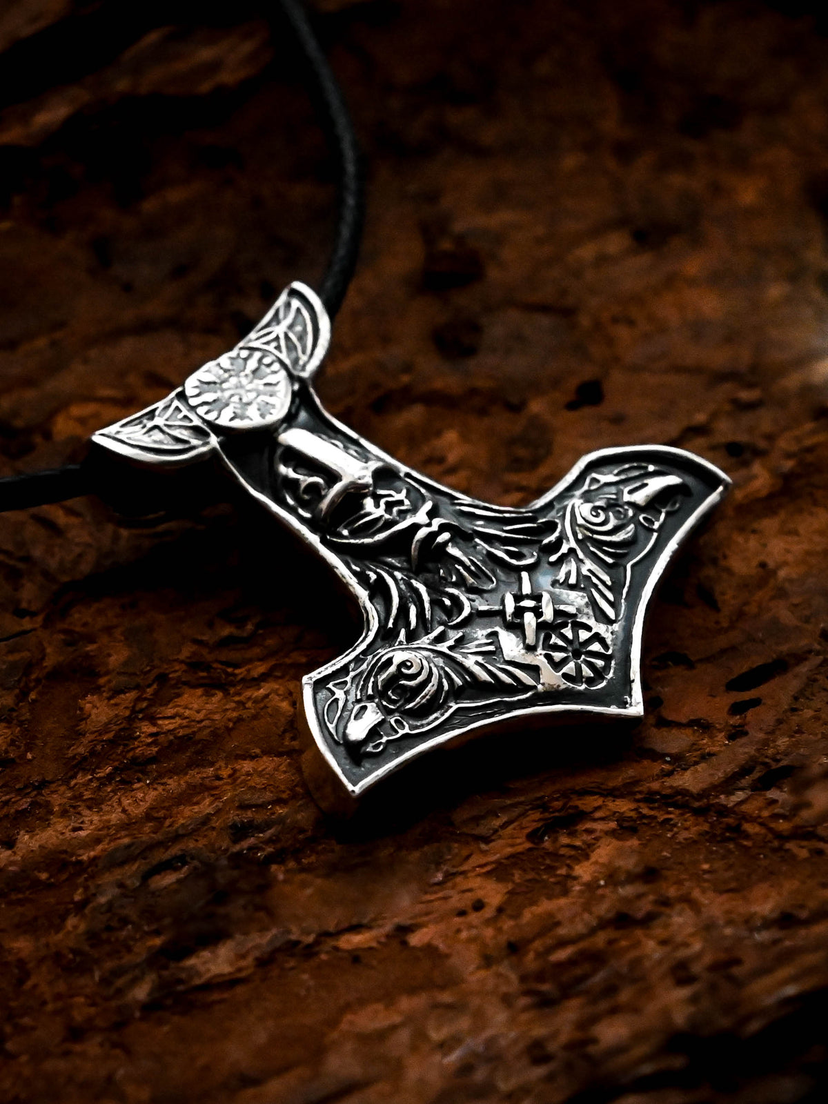 Thor's Hammer with Helmet, Sterling Silver 925 — Viking Symbol Pendant