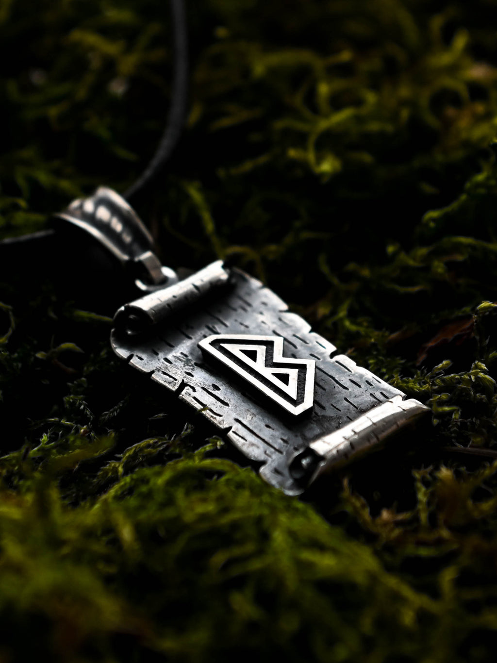 Berkano Rune Amulet on a Scroll, Sterling Silver 925 — Viking & Norse Symbol Pendant