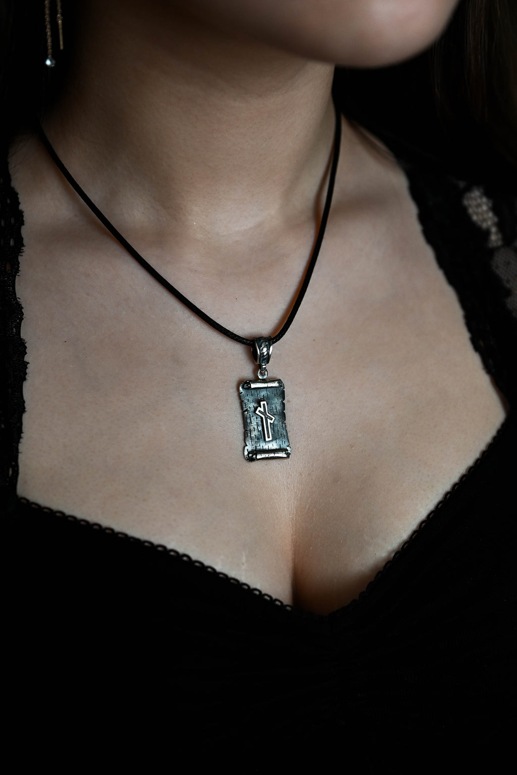 Nauthiz Rune Amulet on a Scroll, Sterling Silver 925 — Viking & Norse Symbol Pendant