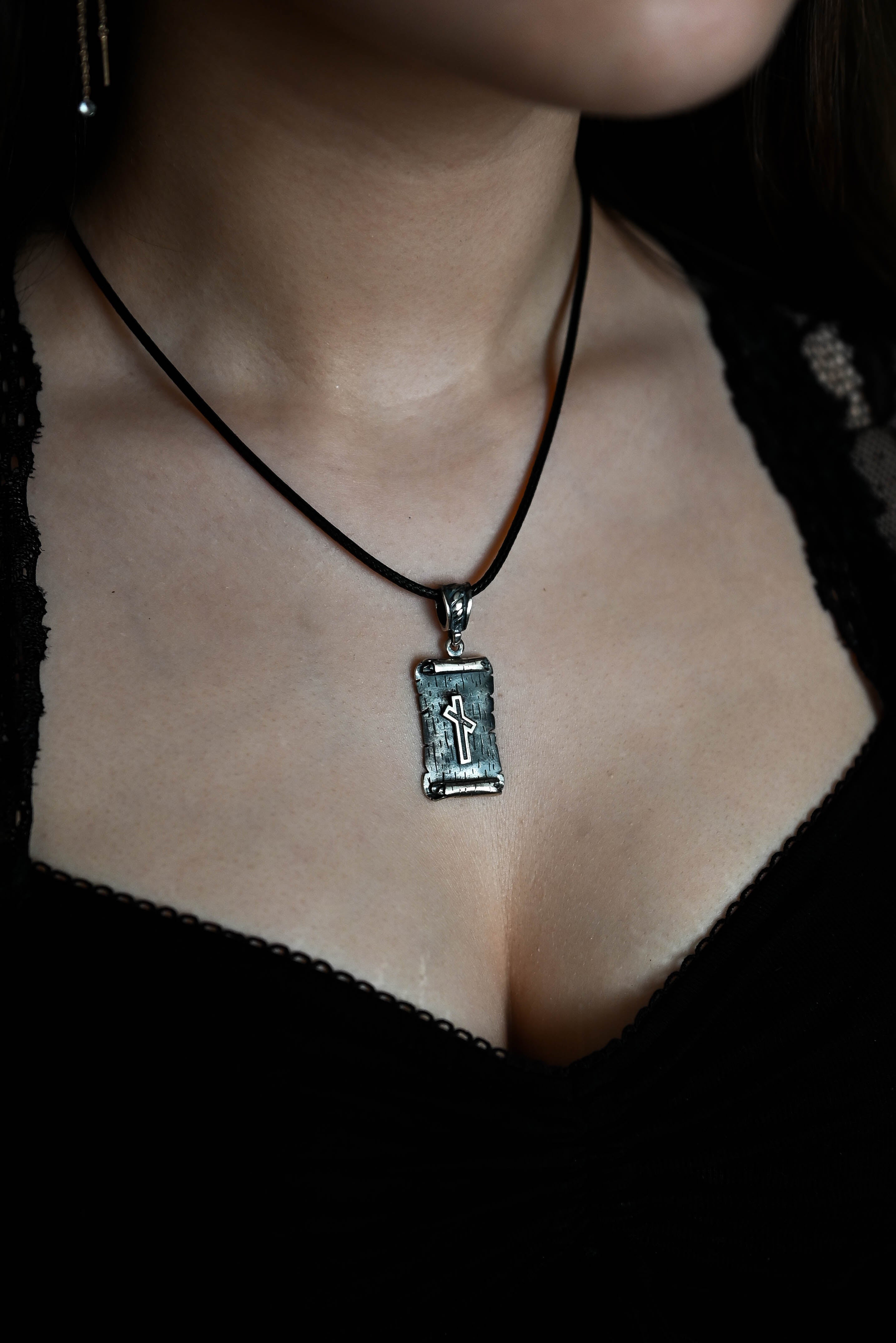 Nauthiz Rune Amulet on a Scroll, Sterling Silver 925 — Viking & Norse Symbol Pendant