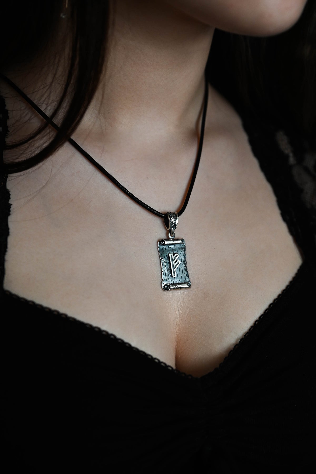 Fehu Rune Amulet on a Scroll, Sterling Silver 925 — Viking & Norse Symbol Pendant