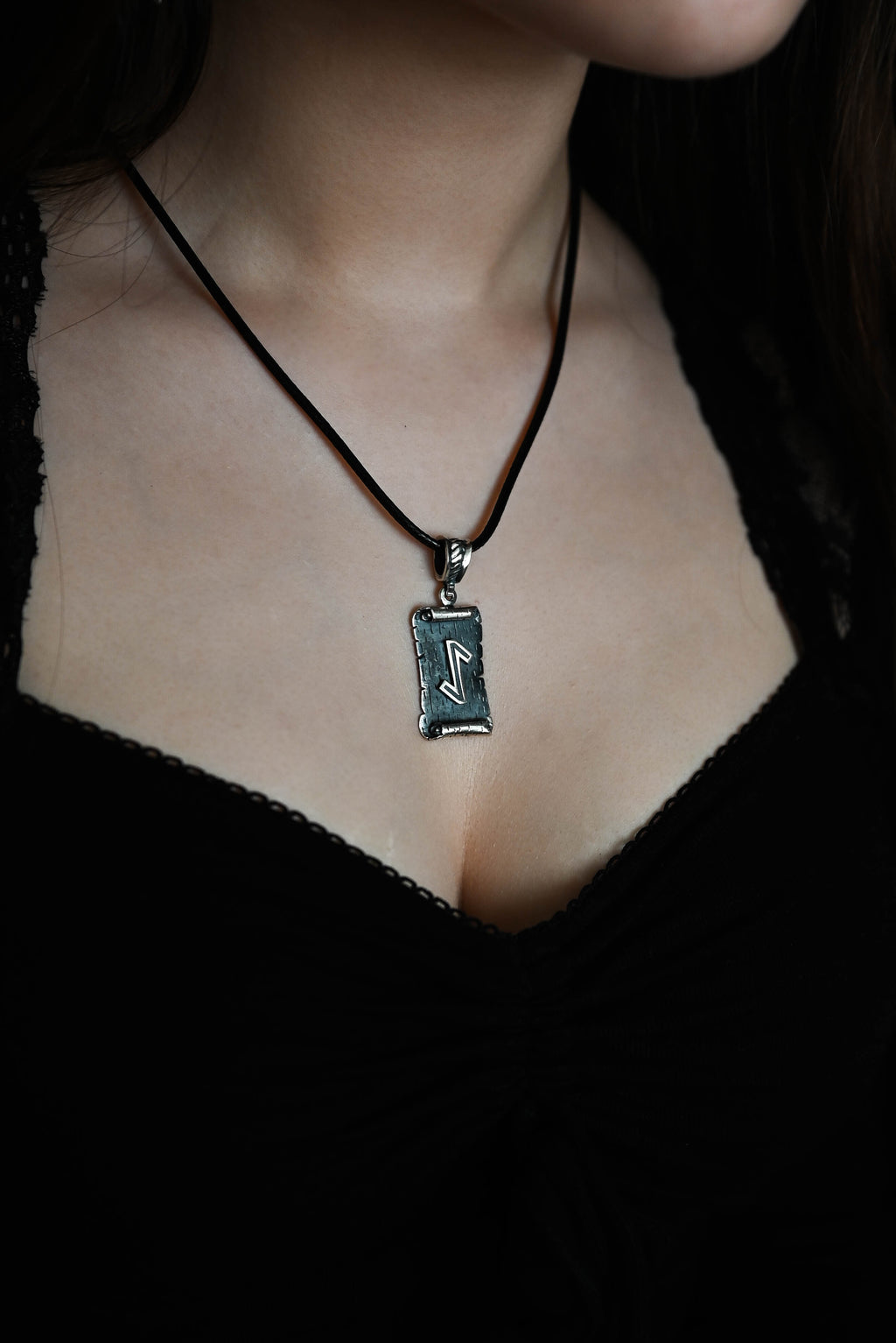 Eihwaz Rune Amulet on a Scroll, Sterling Silver 925 — Viking & Norse Symbol Pendant