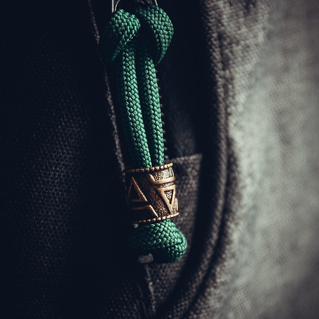 Symbol of Veles Keychain, Bronze on Paracord Cord