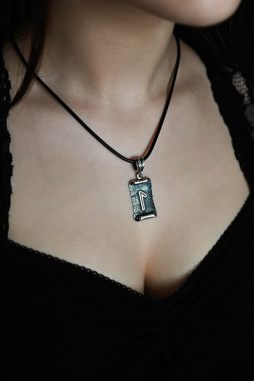 Laguz Rune Amulet on a Scroll, Sterling Silver 925 — Viking & Norse Symbol Pendant