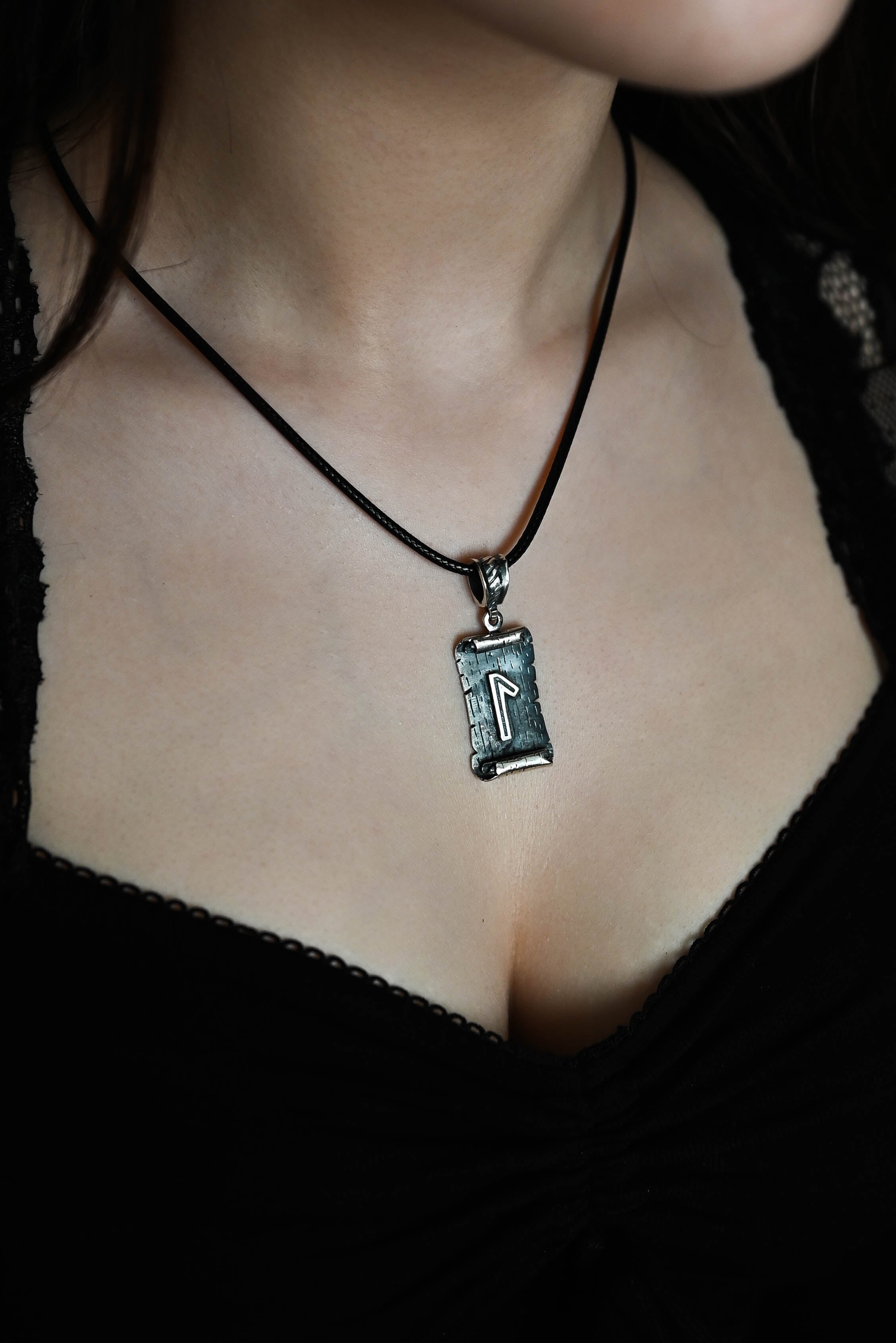 Laguz Rune Amulet on a Scroll, Sterling Silver 925 — Viking & Norse Symbol Pendant