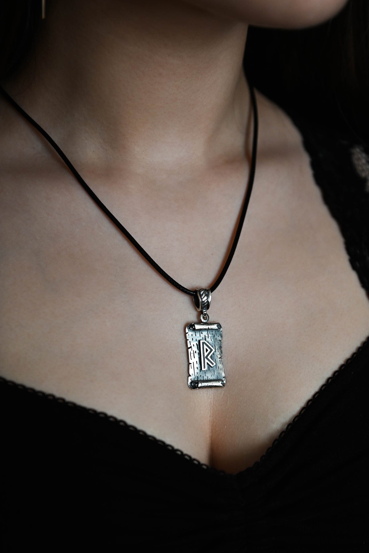 Raidho Rune Amulet on a Scroll, Sterling Silver 925 — Viking & Norse Symbol Pendant