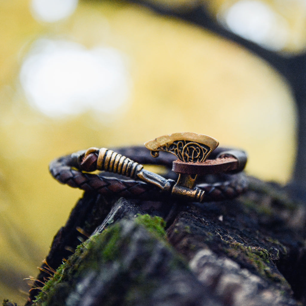 Celtic Axe Bracelet, Natural Leather and Bronze