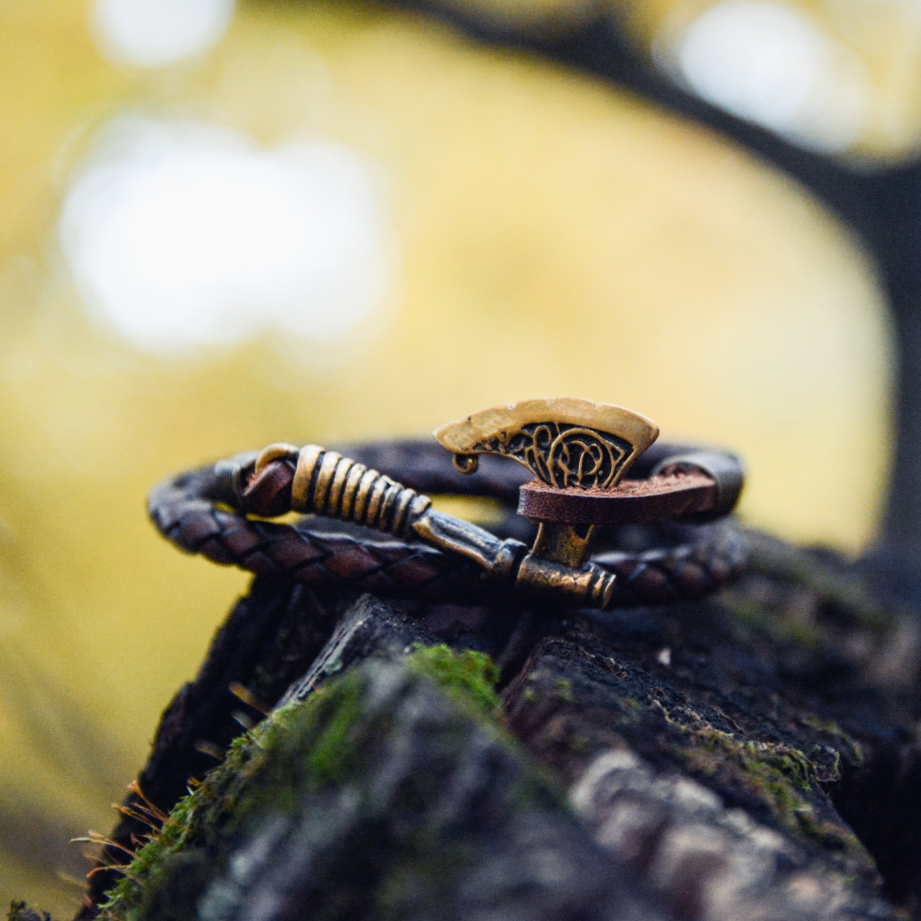 Celtic Axe Bracelet, Natural Leather and Bronze