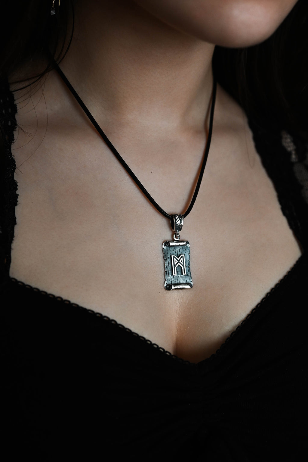 Mannaz Rune Amulet on a Scroll, Sterling Silver 925 — Viking & Norse Symbol Pendant