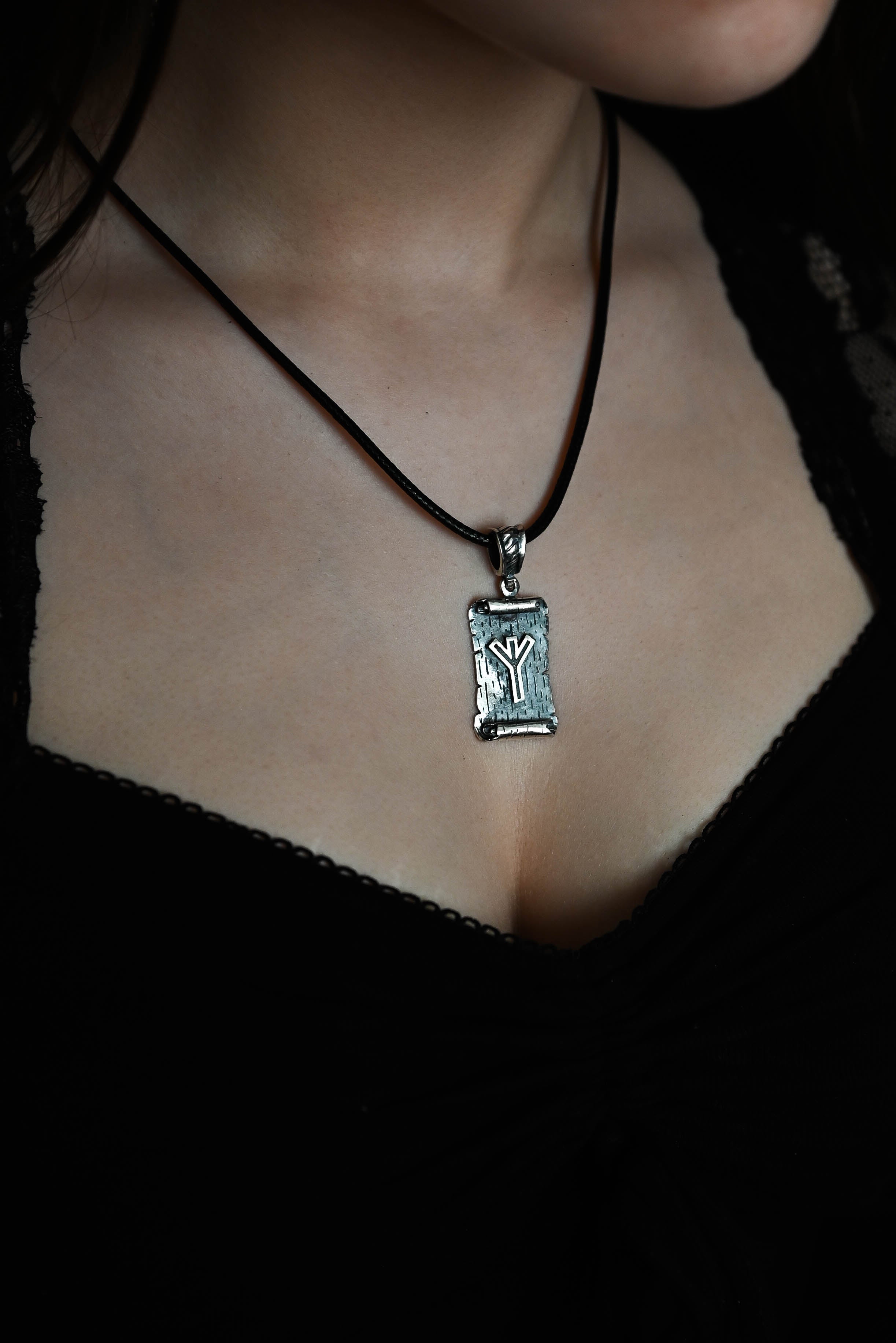 Algiz Rune Amulet on a Scroll, Sterling Silver 925 — Viking & Norse Symbol Pendant