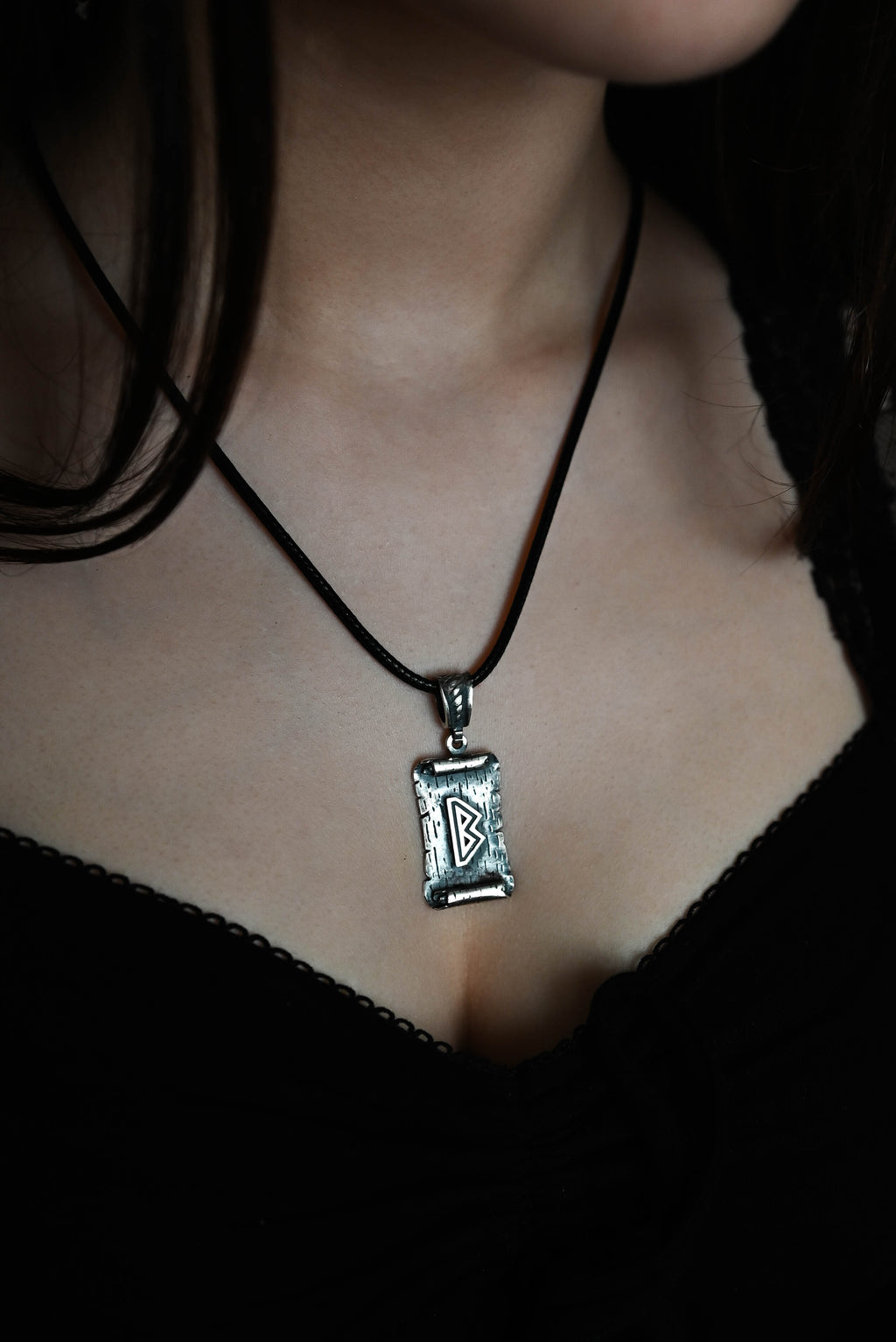 Berkano Rune Amulet on a Scroll, Sterling Silver 925 — Viking & Norse Symbol Pendant