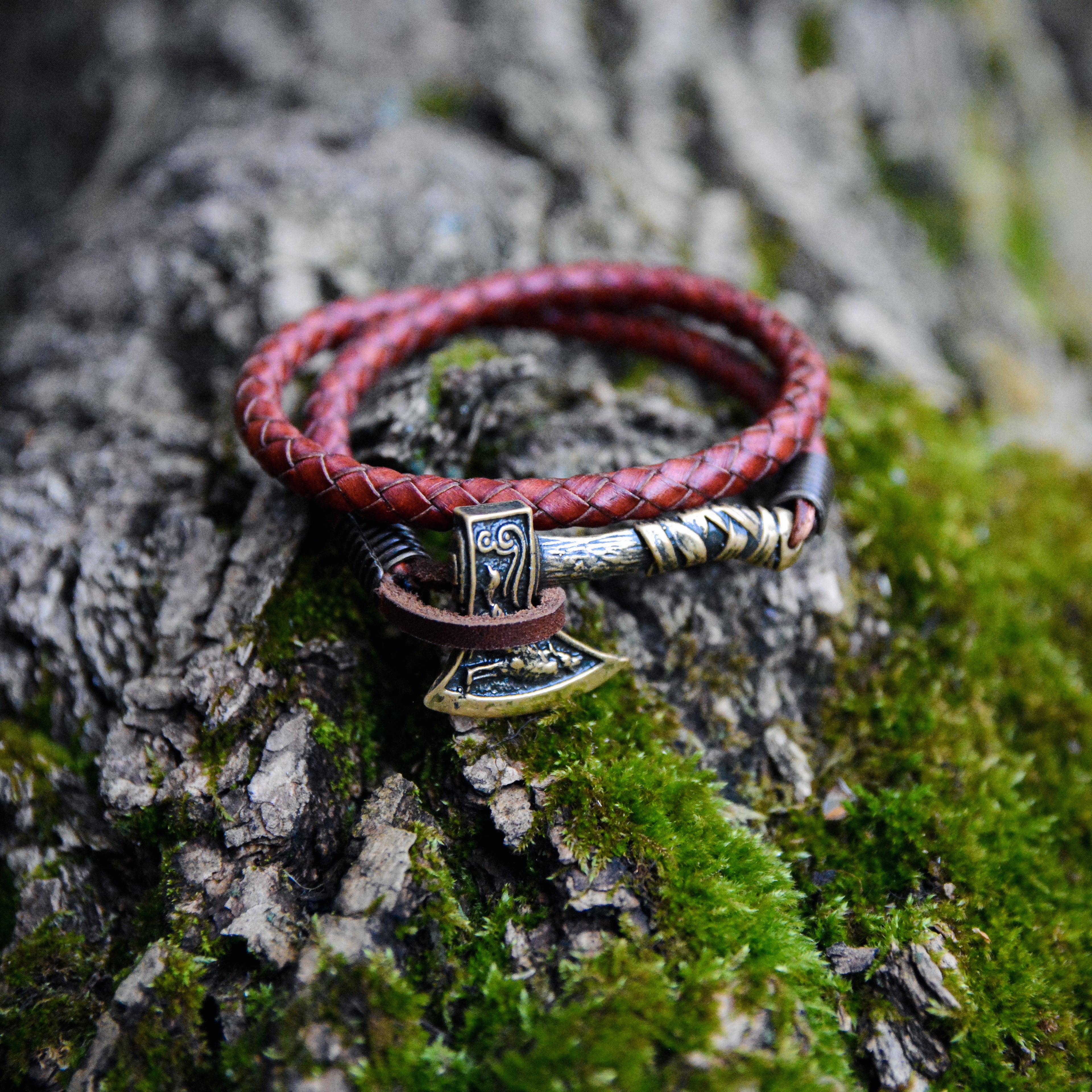 Axe with Falcon and Wolf Bracelet, Natural Leather and Bronze