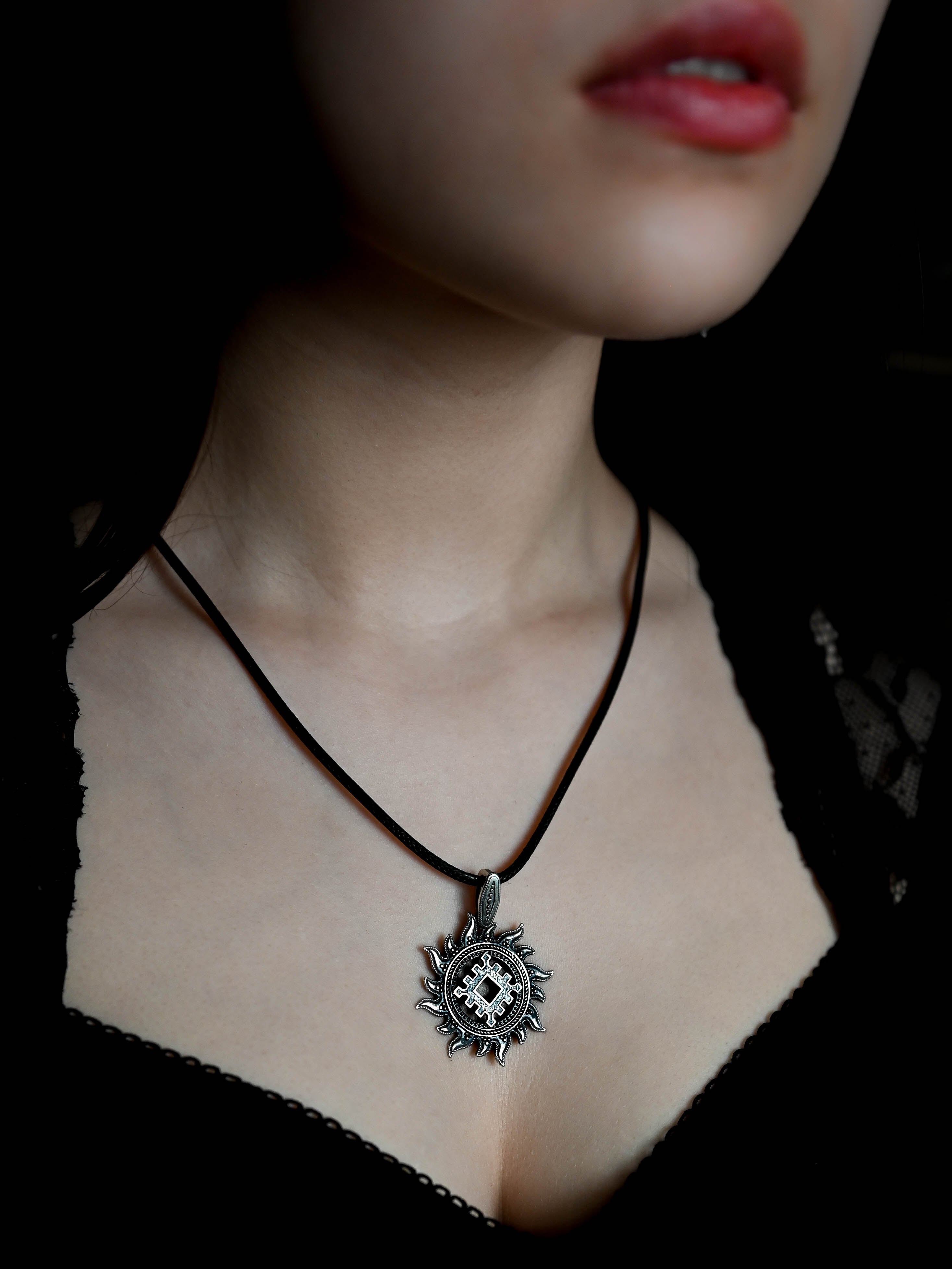 Thistle of Happiness (Repeynik) in Sun Amulet, Sterling Silver 925 — Slavic, Viking & Norse Pendant