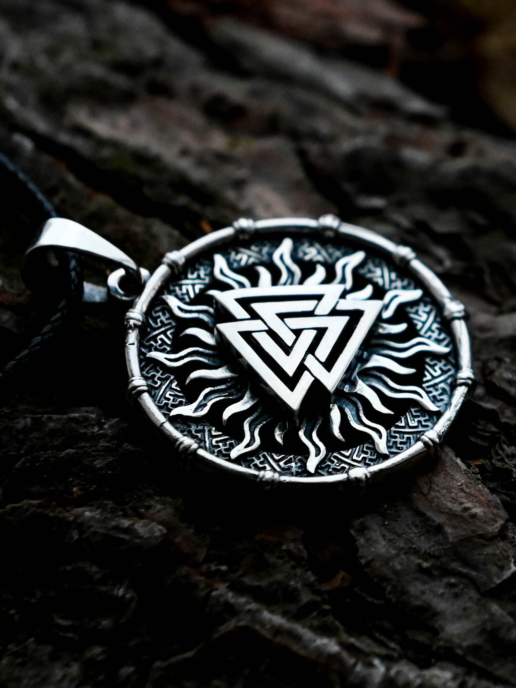 Valknut Amulet in Sun Disc, Sterling Silver 925 — Viking, Norse & Slavic Symbol Pendant