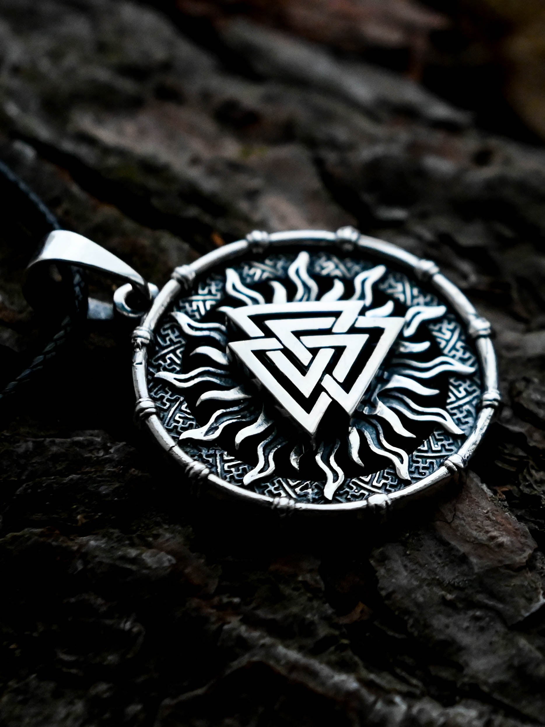 Valknut Amulet in Sun Disc, Sterling Silver 925 — Viking, Norse & Slavic Symbol Pendant