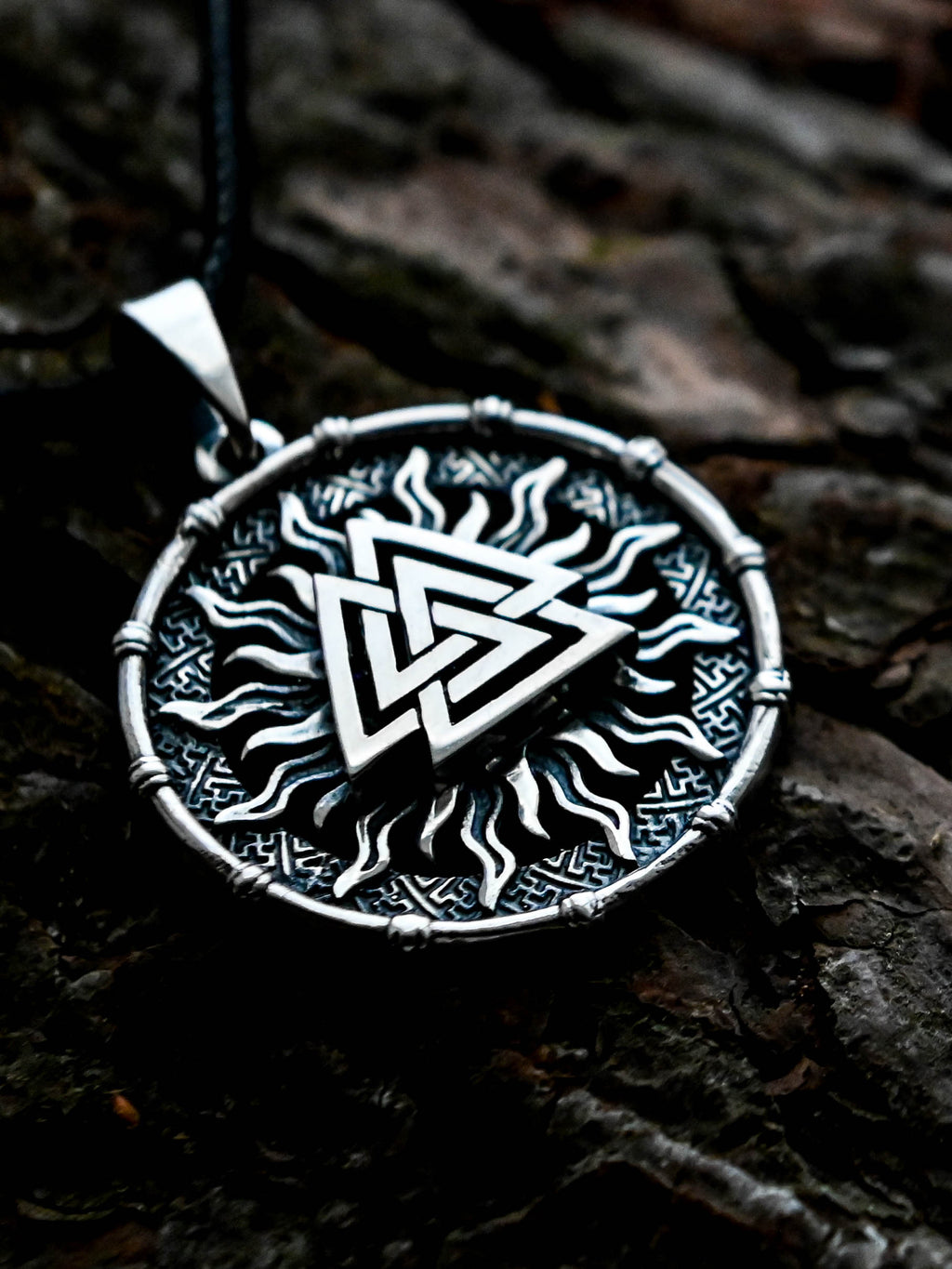 Valknut Amulet in Sun Disc, Sterling Silver 925 — Viking, Norse & Slavic Symbol Pendant