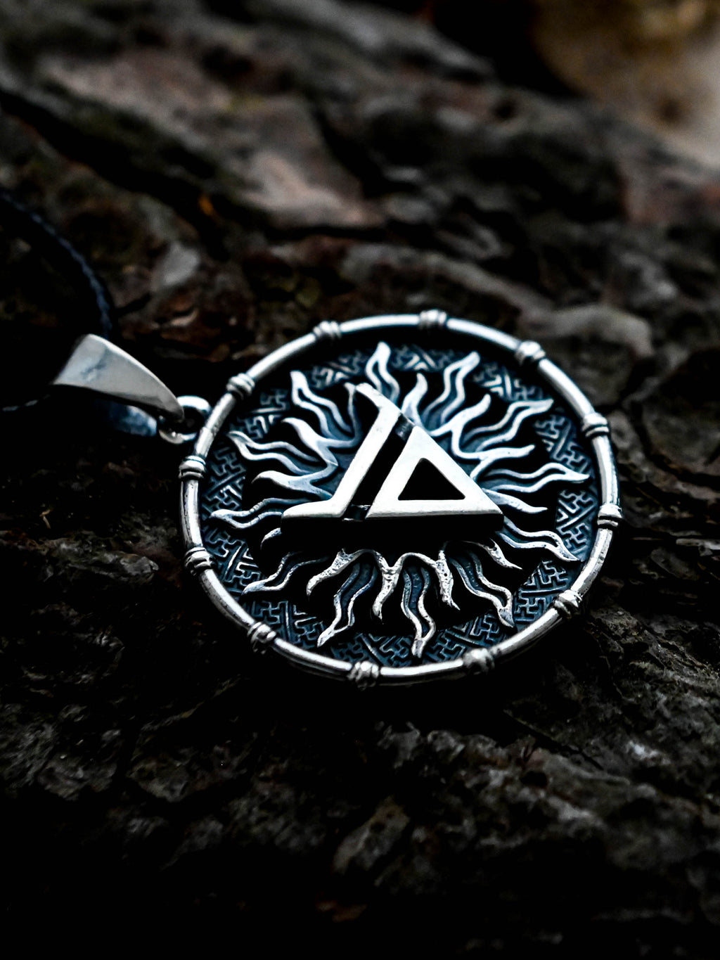 Symbol of Veles Amulet in Sun Disc, Sterling Silver 925 — Slavic, Viking & Norse Symbol Pendant