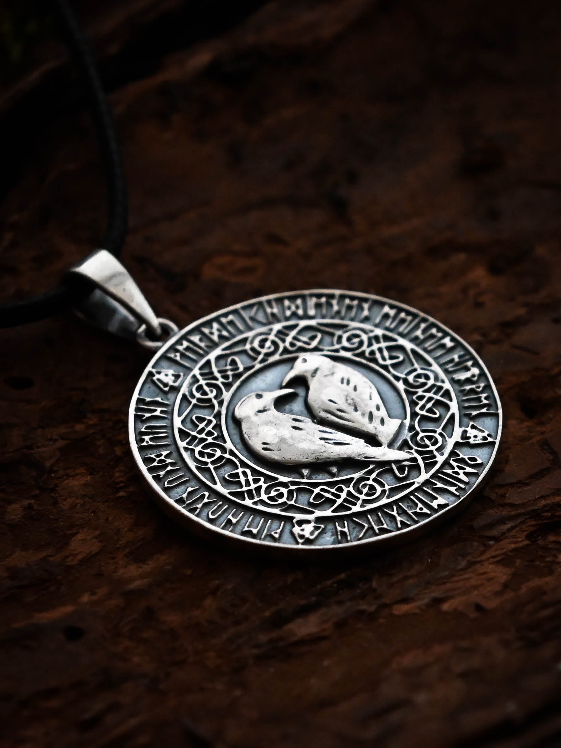 Ravens Amulet in Futhark, Sterling Silver 925 — Viking & Norse Symbol Pendant