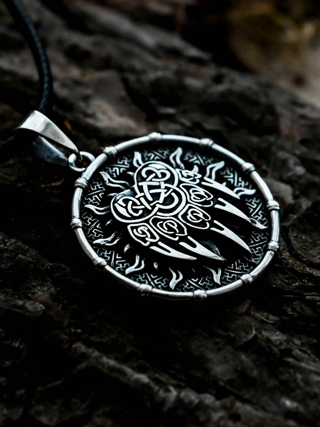 Bear Paw Amulet in Sun Disc, Sterling Silver 925 — Viking, Norse & Slavic Symbol Pendant